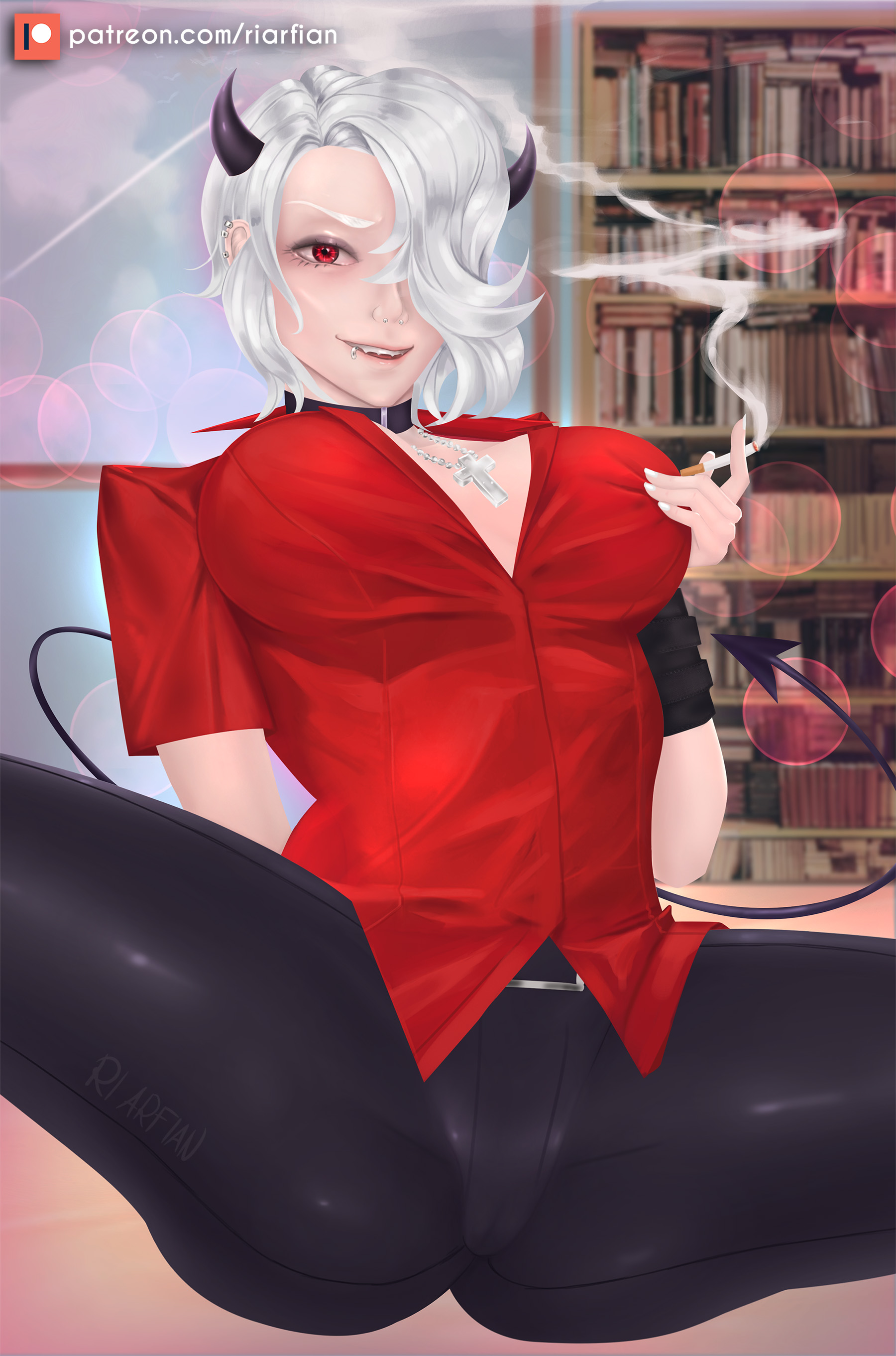 1girls, 2020, bedroom, big breasts, bookshelf, breasts, cameltoe, choker, cigarette, clothed, clothing, collar, demon, demon girl, demon horns, demon tail, devil, devil horns, dress shirt, earrings, female, female only, formal, helltaker, horns, huge breasts, large breasts, lip piercing, looking at viewer, messy hair, nose piercing, on bed, open mouth, patreon, patreon username, piercing, pussy, red dress, red eyes, red shirt, riarfian, seductive, seductive look, short hair, smoke, smoking, solo, tail, thick thighs, white hair, white skin, zdrada (helltaker)