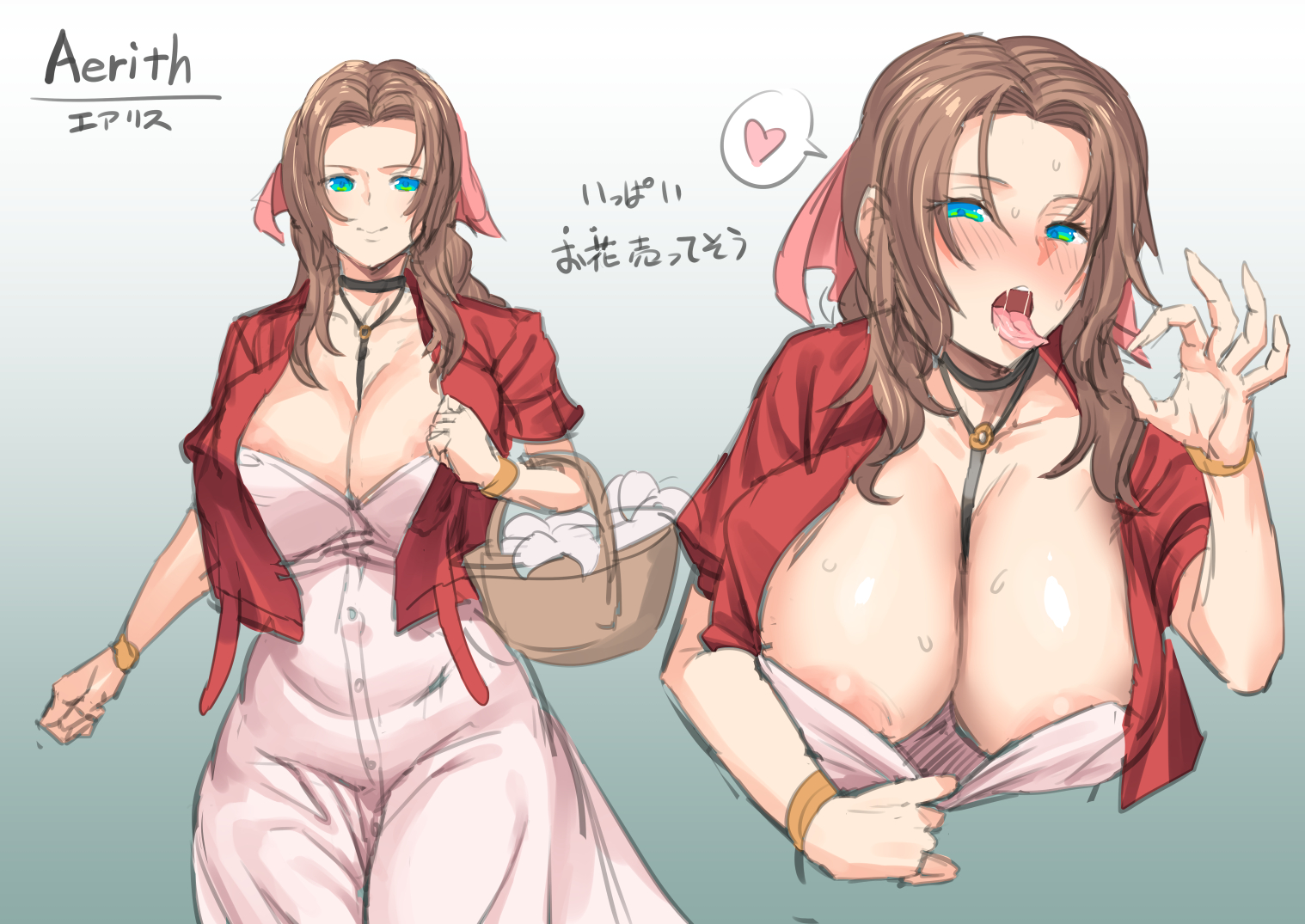 1girls, aerith gainsborough, big breasts, blue eyes, blush, breasts, breasts out, brown hair, cleavage, female, female only, final fantasy, final fantasy vii, handjob gesture, heart, huge breasts, long hair, looking at viewer, nipples, obui, seductive, teasing, tongue, tongue out