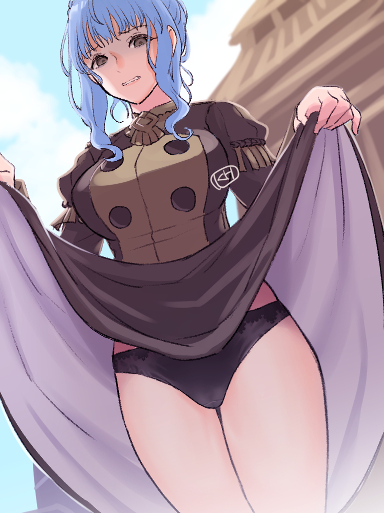 1girls, bare legs, black panties, blue hair, blush, braided hair, brown eyes, clenched teeth, crown braid, disgusted, dress lift, embarrassed, female, fire emblem, fire emblem: three houses, flashing, fully clothed, garreg mach monastery uniform, kh (tanakananataka), lifted by self, lifting skirt, light blue hair, looking at viewer, marianne von edmund, nervous, nintendo, panties, presenting pussy, pussy, sad, skirt lift, solo, tanakananataka3, unamused, underwear, upskirt