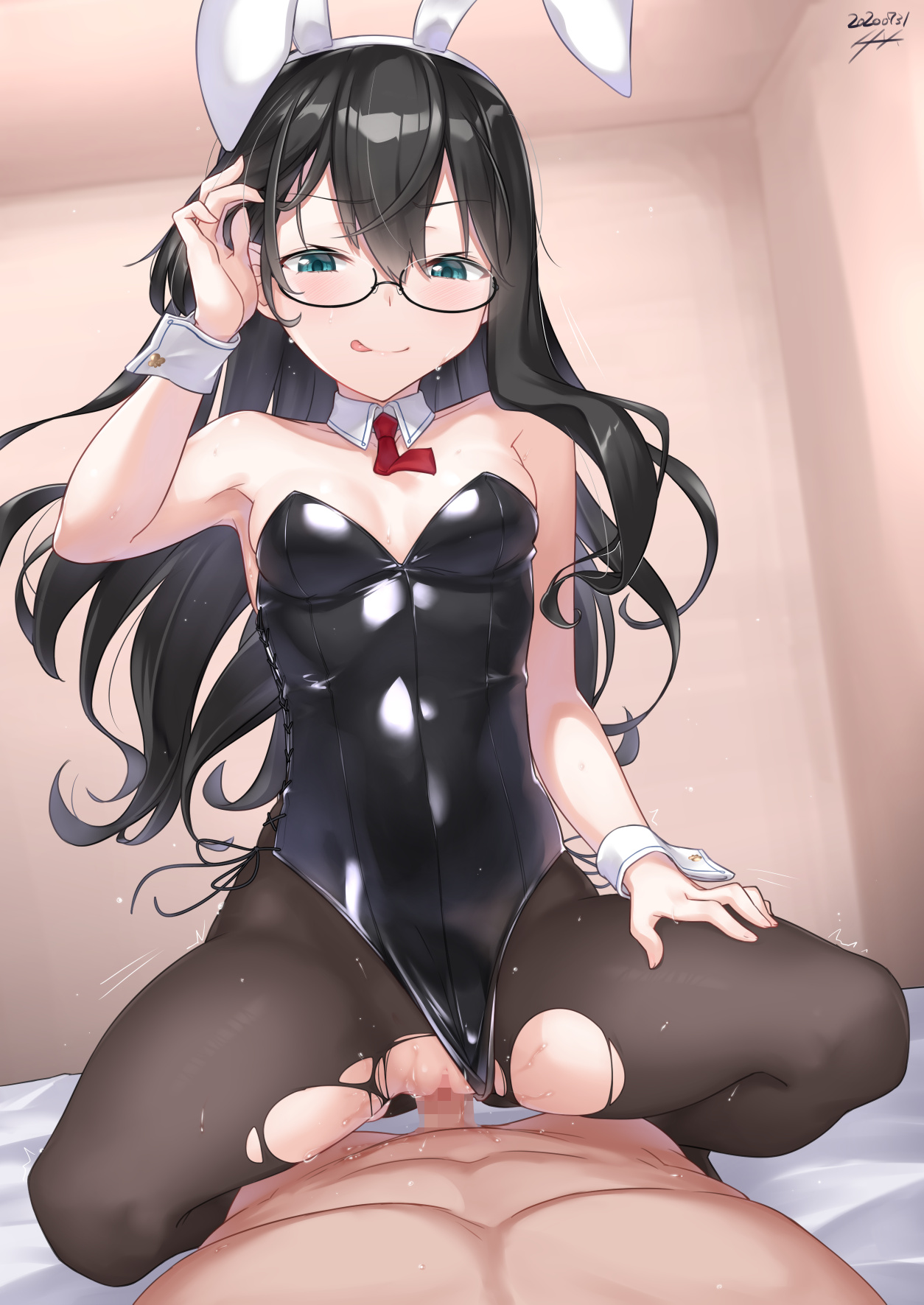 08 sagace, 1boy, animal ears, aqua eyes, black hair, black leotard, black-framed eyewear, blush, bunny ears, bunny girl, censored, detached collar, eyebrows visible through hair, fake animal ears, female, glasses, hair between eyes, highres, kantai collection, leotard, long hair, male, ooyodo (kantai collection), tongue, tongue out, wrist cuffs