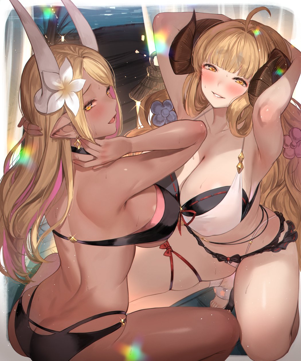 2girls, anila (granblue fantasy), armpit crease, armpits, female, granblue fantasy, horns, kuvira (granblue fantasy), multiple females, multiple girls, pointy ears, swimsuit