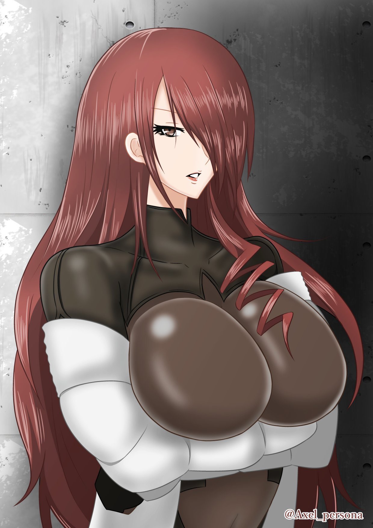 axel persona, big breasts, breasts, female, fur coat, holding breast, huge breasts, mitsuru kirijo, persona, persona 3, red eyes, red hair