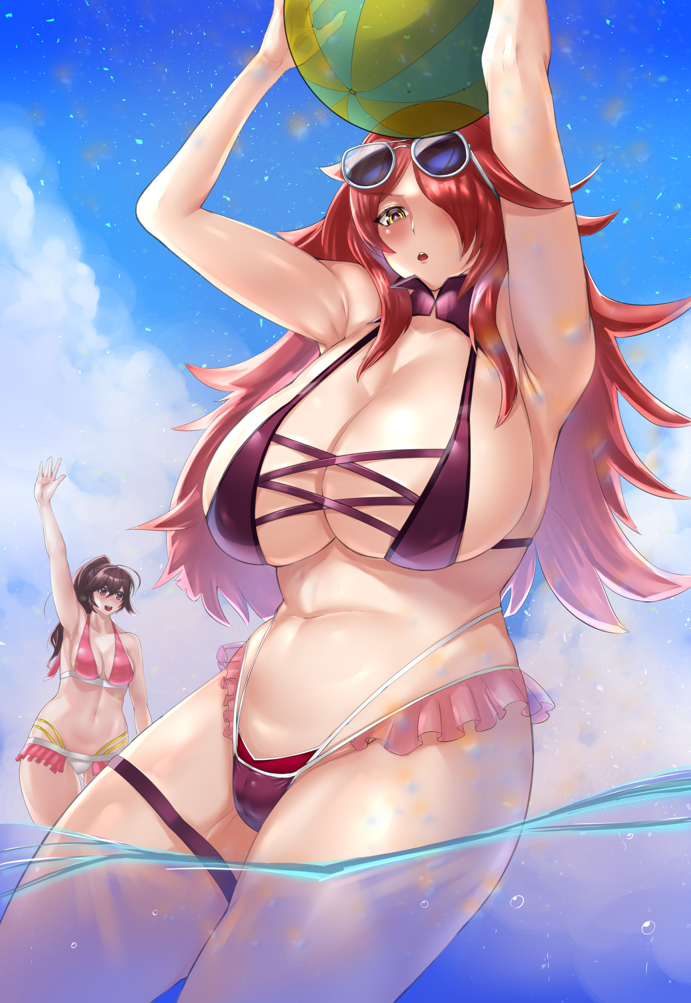 2d, 2girls, big breasts, bikini, blazblue, breasts, celica a mercury, female, female focus, female only, highres, konoe a mercury, long hair, looking at viewer, mature female, milf, nine the phantom, pussy, pussy visible through clothes, red hair, revealing clothes, siblings, sisters, terada sp, thick thighs, thighs, vagina, water