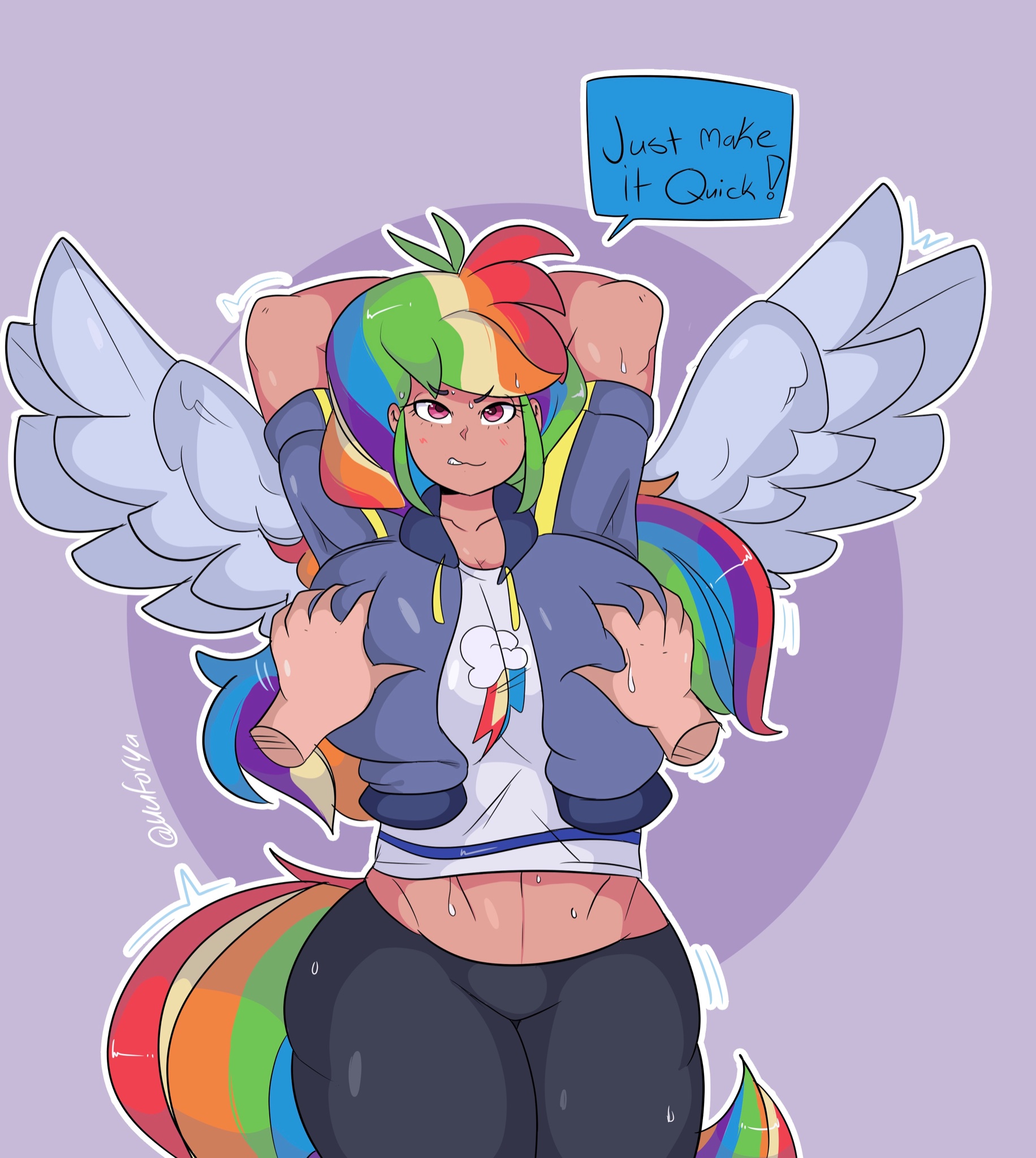 belly, belly button, big breasts, breast grab, breasts, breasts squeeze, cameltoe, clothed, disembodied hands, female, hands behind head, human rainbow dash, humanized, midriff, my little pony, pussy, smooth skin, sweat, text, thighs, uuforya