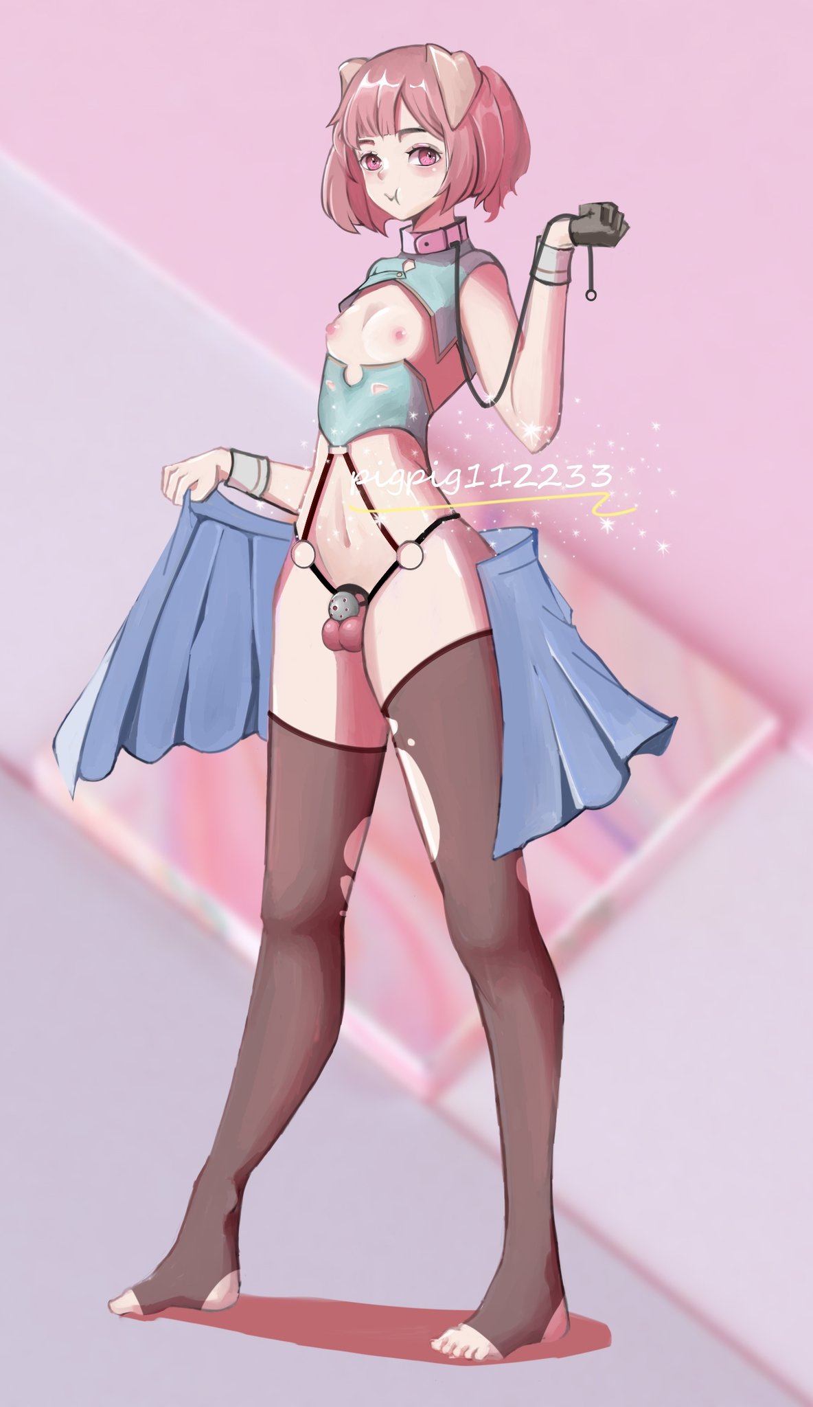 1boy, androgynous, animal ears, balls, balls bigger than penis, big balls small penis, chastity, chastity cage, chastity device, collar, feet, femboy, flat chest, leash, male, micropenis, penis, pig ears, pigpig112233, pink eyes, pink hair, ripped clothing, skirt, skirt removed, small penis, solo, stirrup socks, stirrup thighhighs, stockings, tagme, tagme (artist), thighhighs, toes, undressing