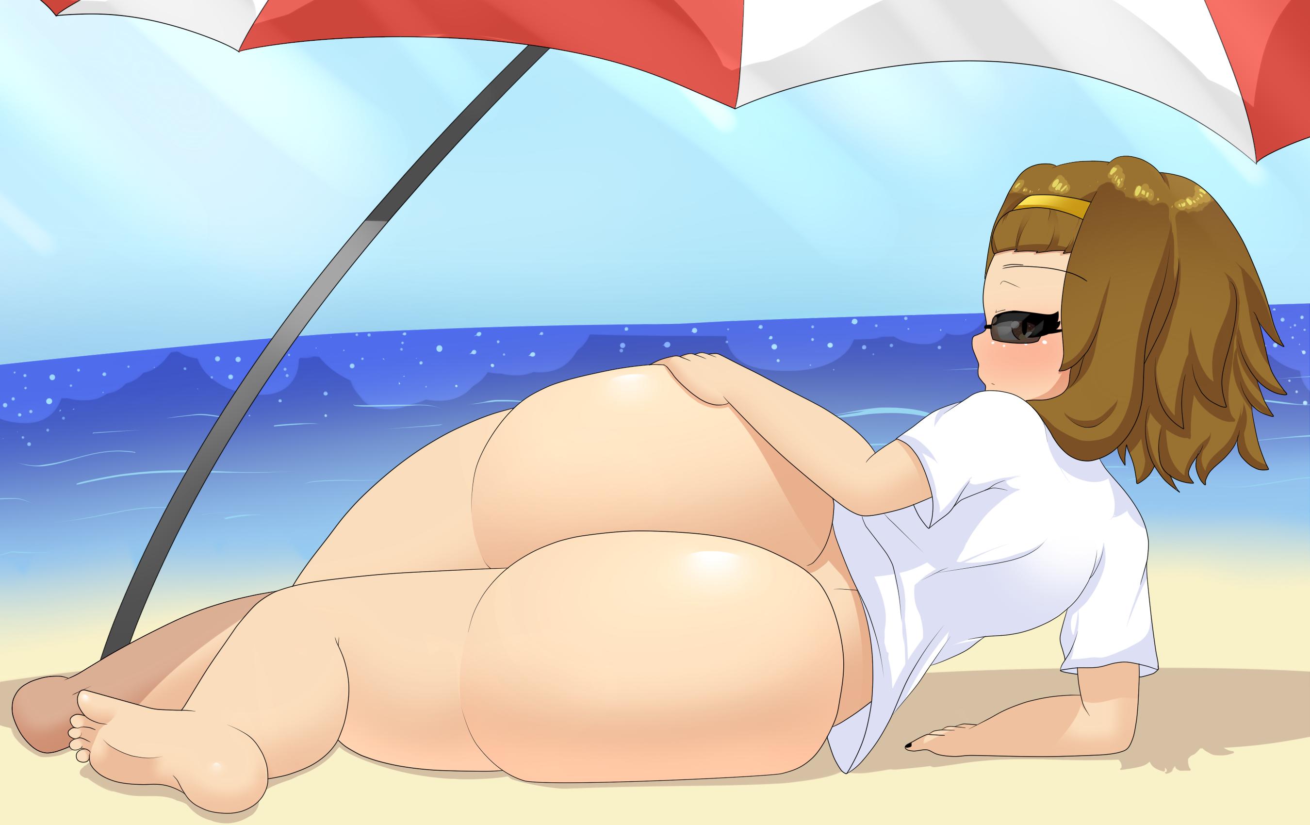 ass, beach, brown eyes, brown hair, hairband, huge ass, k-on!, looking back, mistpirit, ritsu tainaka (k-on!), sunglasses, tinted eyewear, umbrella, white shirt