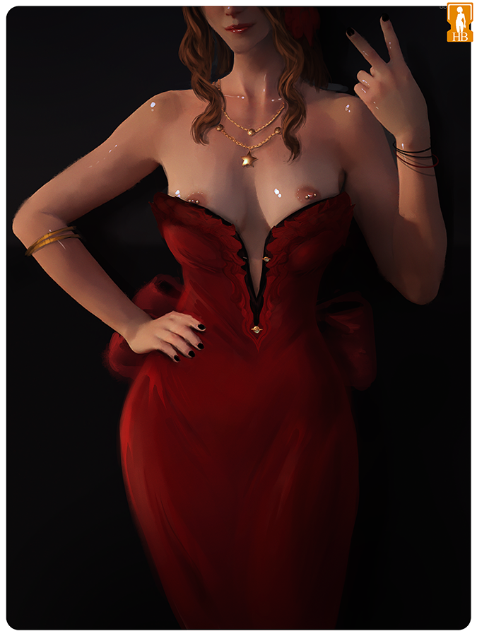 aerith gainsborough, breasts, buttons, female, final fantasy, final fantasy vii, gold jewelry, heartbreakeh, nipple slip, nipples, open clothes, presenting, red dress, ribbon, strapless dress, teasing, unbuttoned, undressing