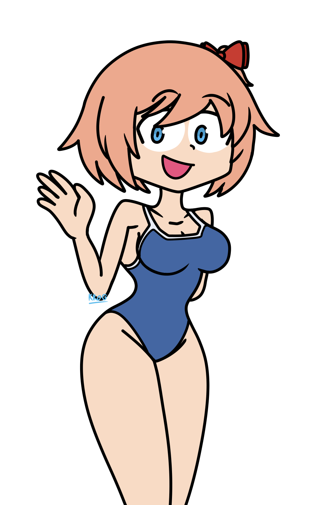 1girls adorable alternate_breast_size blue_eyes blue_swimsuit bow breasts cleavage clothed clothed_female cute doki_doki_literature_club eyebrows_visible_through_hair female female_only friendly hairbow happy hourglass_figure itsyaboi_kroggu just_sayori light-skinned_female light_skin looking_at_viewer medium_breasts one-piece_swimsuit orange_hair red_bow red_hair sayori_(doki_doki_literature_club) simple_background smile solo solo_female solo_focus swimsuit swimwear thick_thighs thighs waving wide_eyed wide_hips