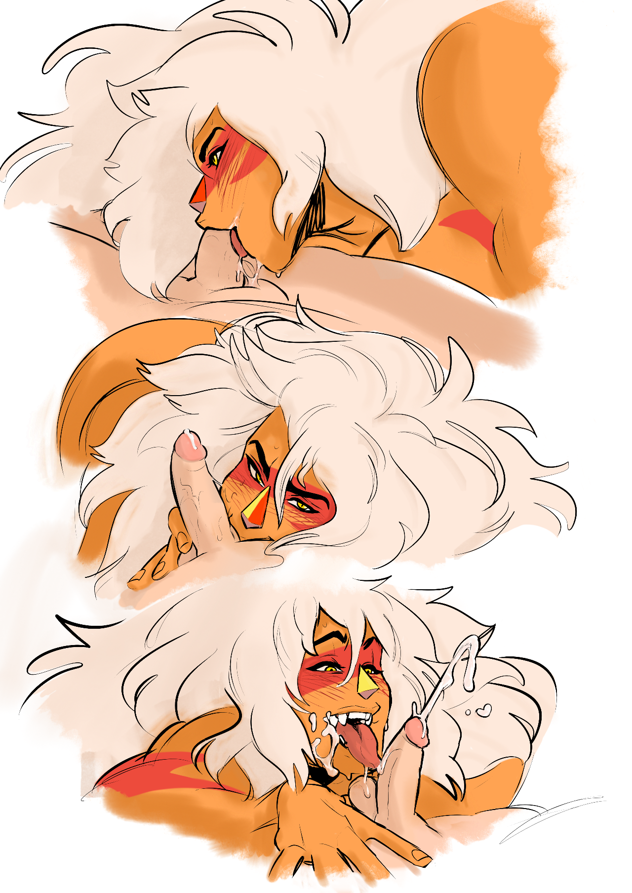 balls, blush, cum, cum in mouth, cum on face, cumshot, deepthroat, ejaculation, fellatio, female, half-closed eyes, jasper (steven universe), larger female, licking penis, looking at viewer, looking down, male, muscular, muscular female, naughty face, open mouth, orangekissess, penis, precum, saliva on penis, seductive, seductive smile, smile, steven universe, straight, sucking balls, sucking testicles, tagme, testicles, tongue, tongue out