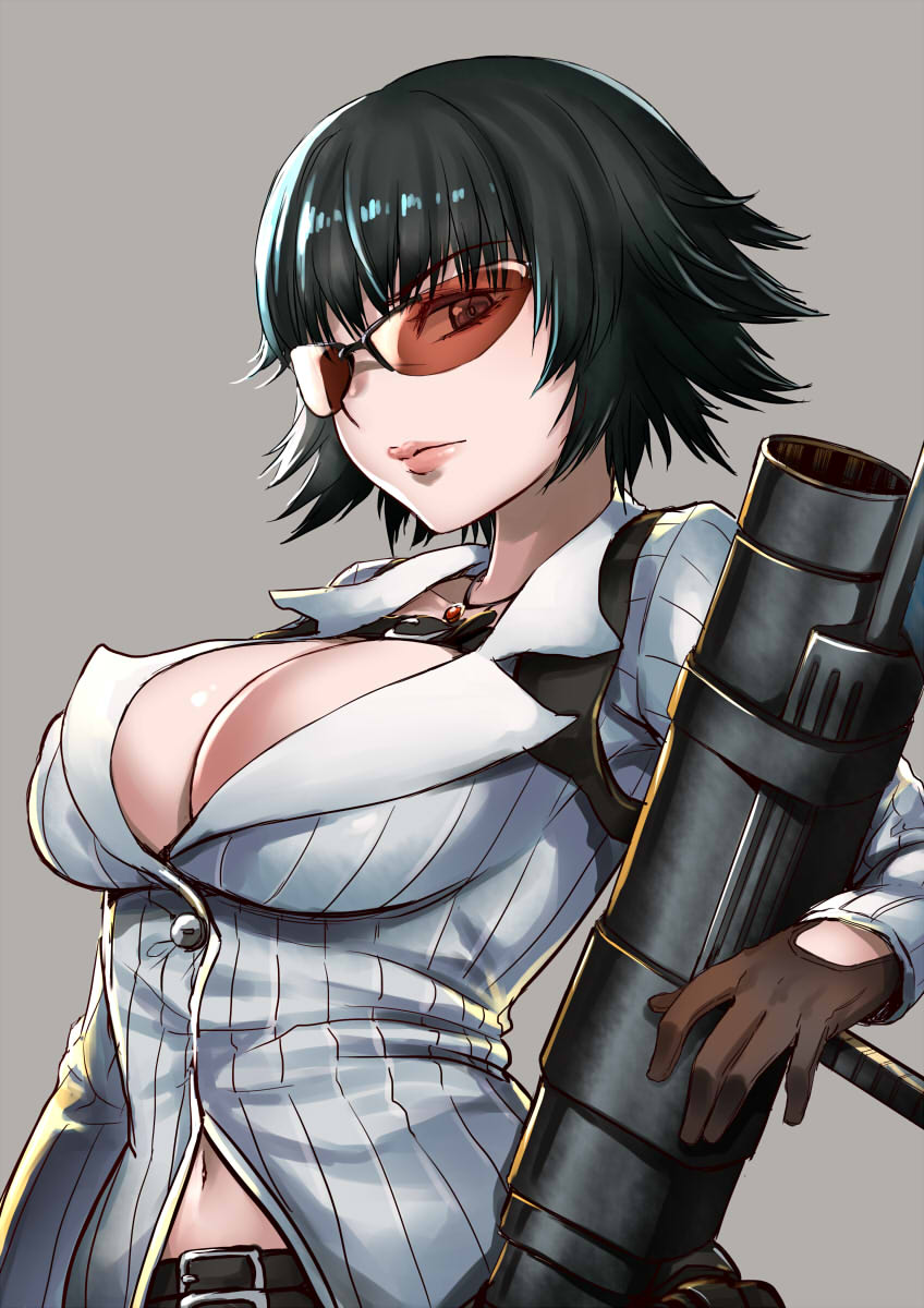 belt black_hair breasts brown-tinted_eyewear cleavage devil_may_cry devil_may_cry_4 female gloves highres holding holding_weapon kalina_ann_(weapon) kaorihero lady_(devil_may_cry) large_breasts lips navel orange-tinted_eyewear rocket_launcher short_hair solo sunglasses tinted_eyewear upper_body weapon