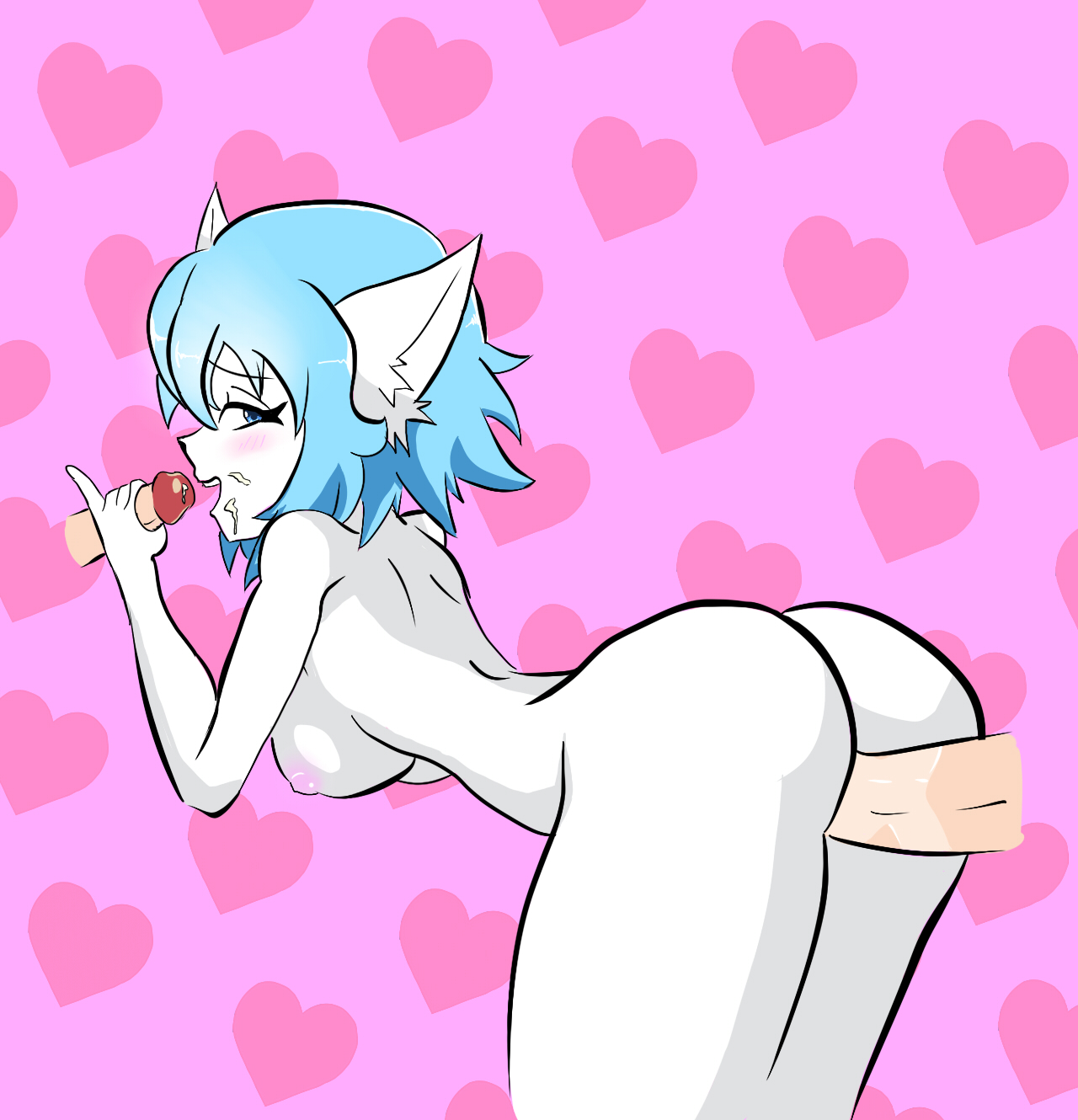 1girls, ambiguous penetration, animal ears, anthro, ass, blue eyes, blue hair, breasts, cum, cum in mouth, cum on face, disembodied penis, female, handjob, male, nipples, nude, offscreen male, penis, penis grab, smile, tagme, tail, virtual youtuber, white fur, wolfychu, youtube, youtuber