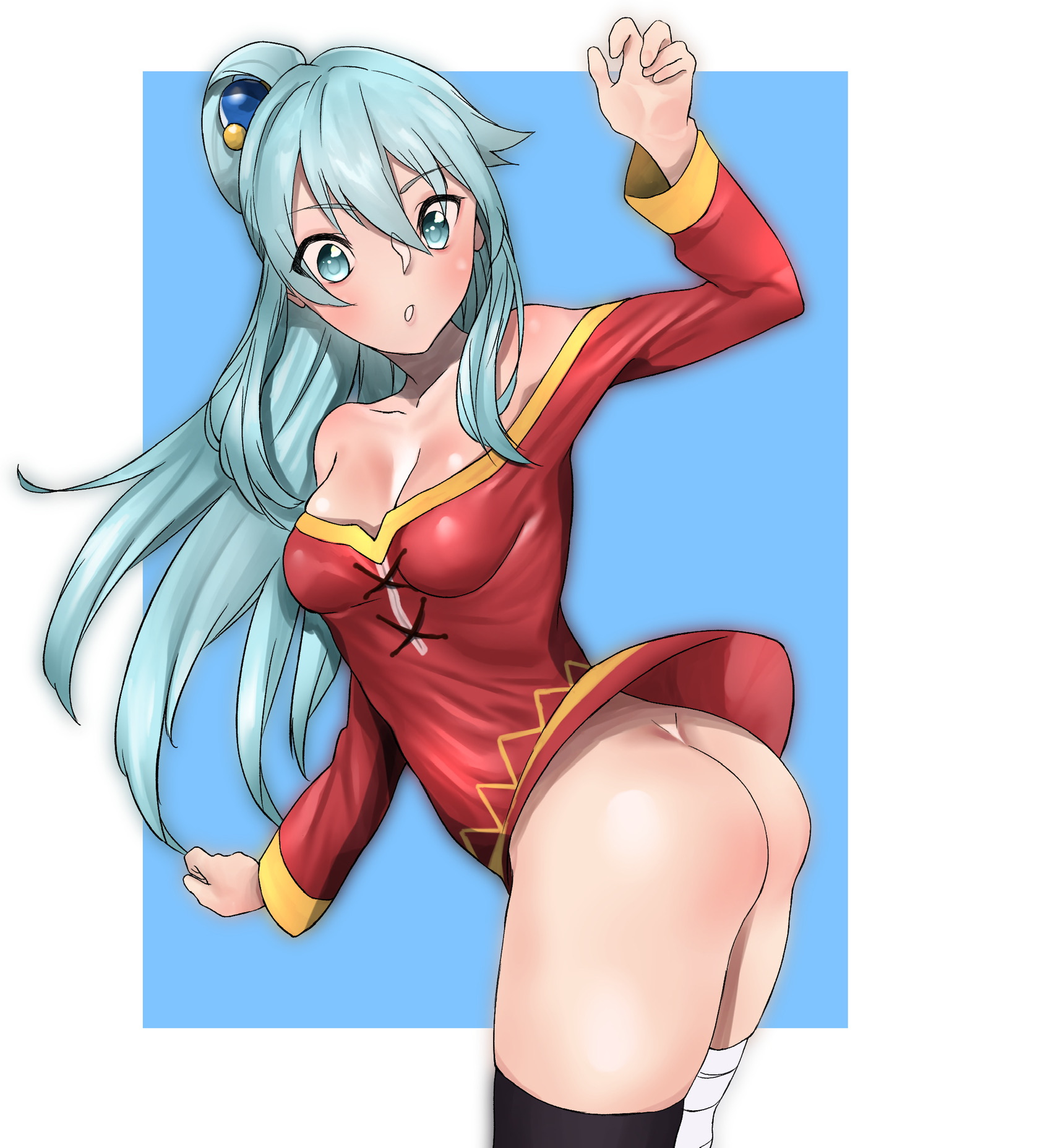 1girls, 2020, aqua (konosuba), aqua eyes, aqua hair, arm up, ass, bandage, bandaged leg, bandages, big ass, blue background, breasts, cleavage, clothing, cosplay, dress, eyebrows visible through hair, eyes visible through hair, female, female only, hair between eyes, hair ornament, hair rings, highres, kono subarashii sekai ni shukufuku wo!, long hair, looking down, medium breasts, megumin (cosplay), no panties, notare-kun, short dress, simple background, single thighhigh, solo, standing, teeth, thick thighs, thighhighs, thighs, tied hair, white border, wind, wind lift, zettai ryouiki