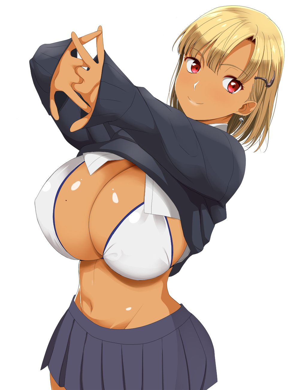 1girls big_breasts blonde_hair bra breasts choker cleavage dark-skinned_female dark_skin female_only fringe gyaru hair_ornament hairclip highres huge_breasts kloah kuro_gyaru looking_at_viewer miniskirt mole mole_on_breast original original_character red_eyes school_uniform shinokami_xatiii_(kloah) short_hair skirt smile solo stretch stretched_limb underwear uniform