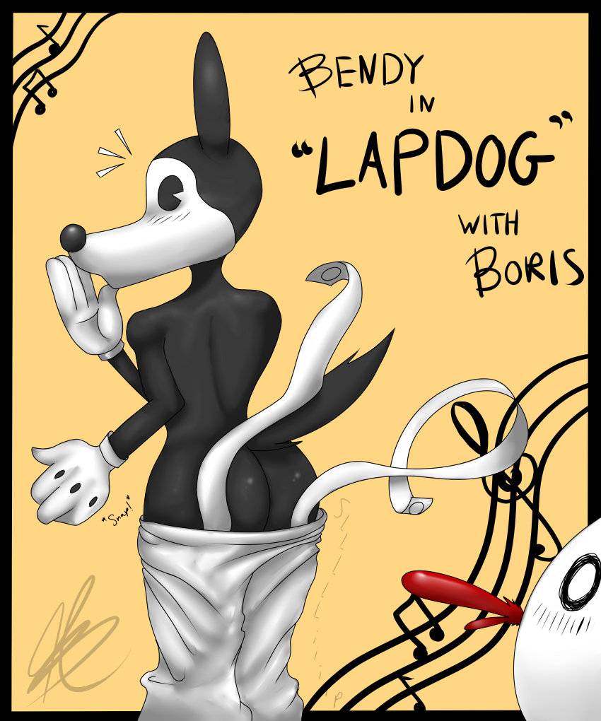 1boy anthro ass bendy_and_the_ink_machine boris_the_wolf embarrassed english english_text male wardrobe_malfunction