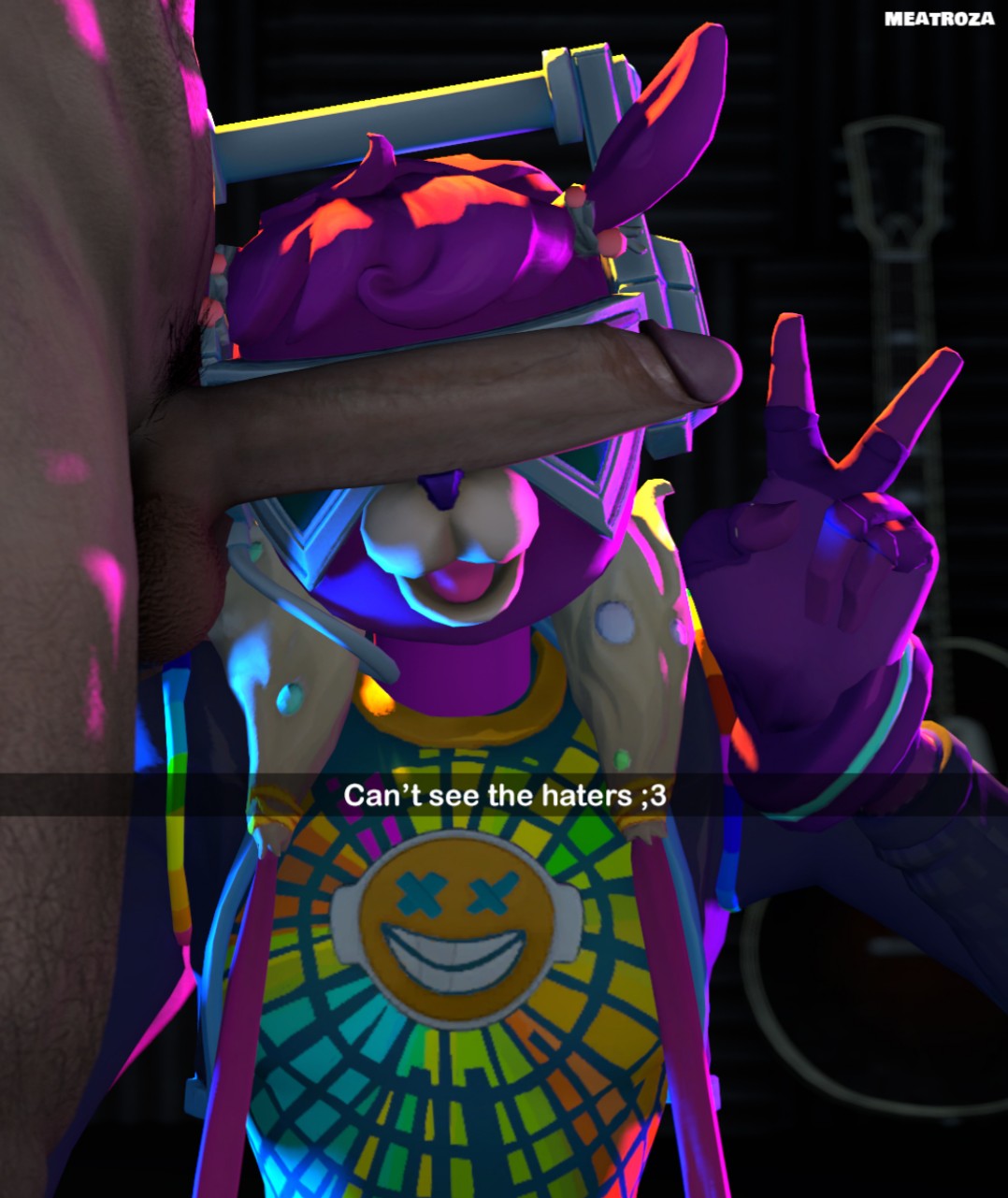 1boy, 1girls, 2020, 3d, big penis, cant see the haters, clothed female nude male, covered eyes, dick, dj, dj bop, female, female focus, fortnite, fur, furry, huge cock, human on anthro, light skin, light-skinned male, llama, male, meatroza, nude, nude male, pale skin, pale-skinned male, peace sign, penis, penis on face, penis over eyes, purple fur, purple skin, straight, tagme, text, watermark