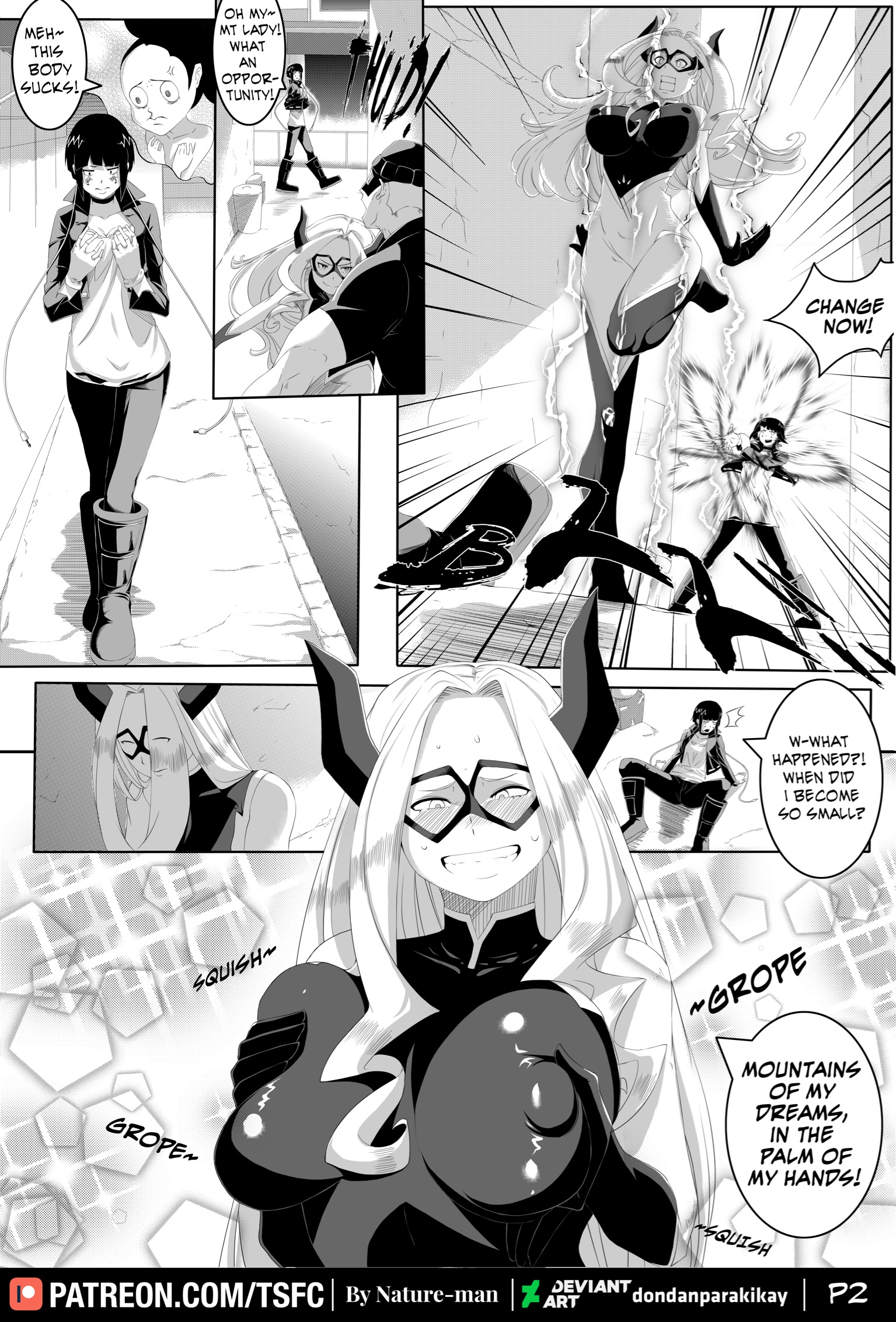 1boy, 2girls, age difference, alleyway, big breasts, blonde hair, blush, body swap, bodysuit, breast squeeze, breast squish, breasts, comic, deviantart username, english text, female, forced smile, fully clothed, gloves, grin, groping, groping self, hero outfit (mha), horns, jacket, kyoka jiro, long hair, looking down, male, mask, mature female, minoru mineta, monochrome, mount lady, multiple females, multiple girls, my hero academia, nature-man, nervous smile, nipple bulge, one leg up, page 2, page number, pants, pervert, possessed, possession, self fondle, shirt, shocked, shocked expression, smile, sparkle, surprised, sweat, sweatdrop, teenager, text, yuu takeyama
