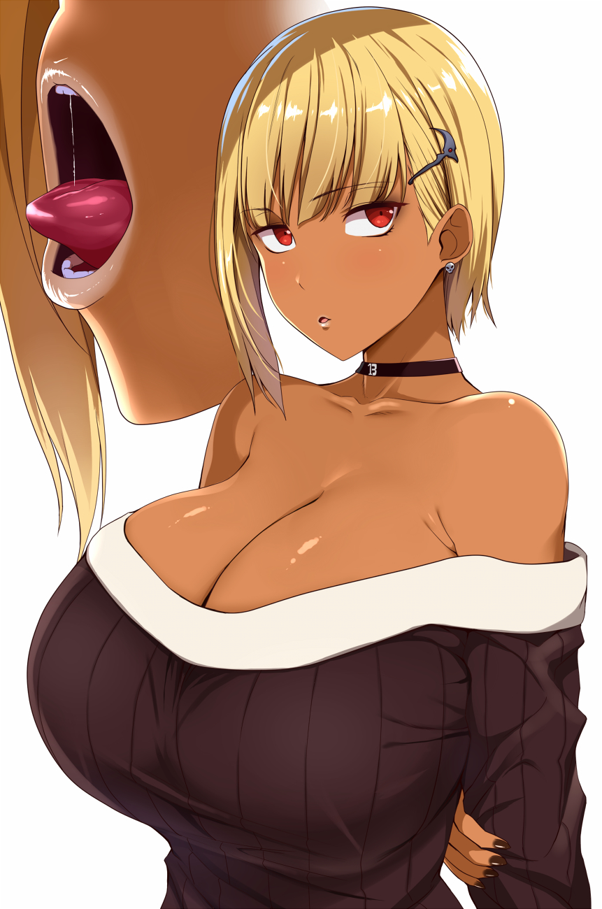 1girls bare_shoulders big_breasts blonde_hair breasts choker cleavage dark-skinned_female dark_skin earrings female female_only fingernails fringe gyaru hair_ornament highres huge_breasts jewelry kloah kuro_gyaru lips looking_at_viewer multiple_views nail_polish naughty_face original original_character parted_lips purple_eyes red_eyes saliva scythe seductive_mouth shinokami_xatiii_(kloah) shiny_skin short_hair simple_background skull_earrings solo sweater tongue tongue_out two_tone_hair white_background