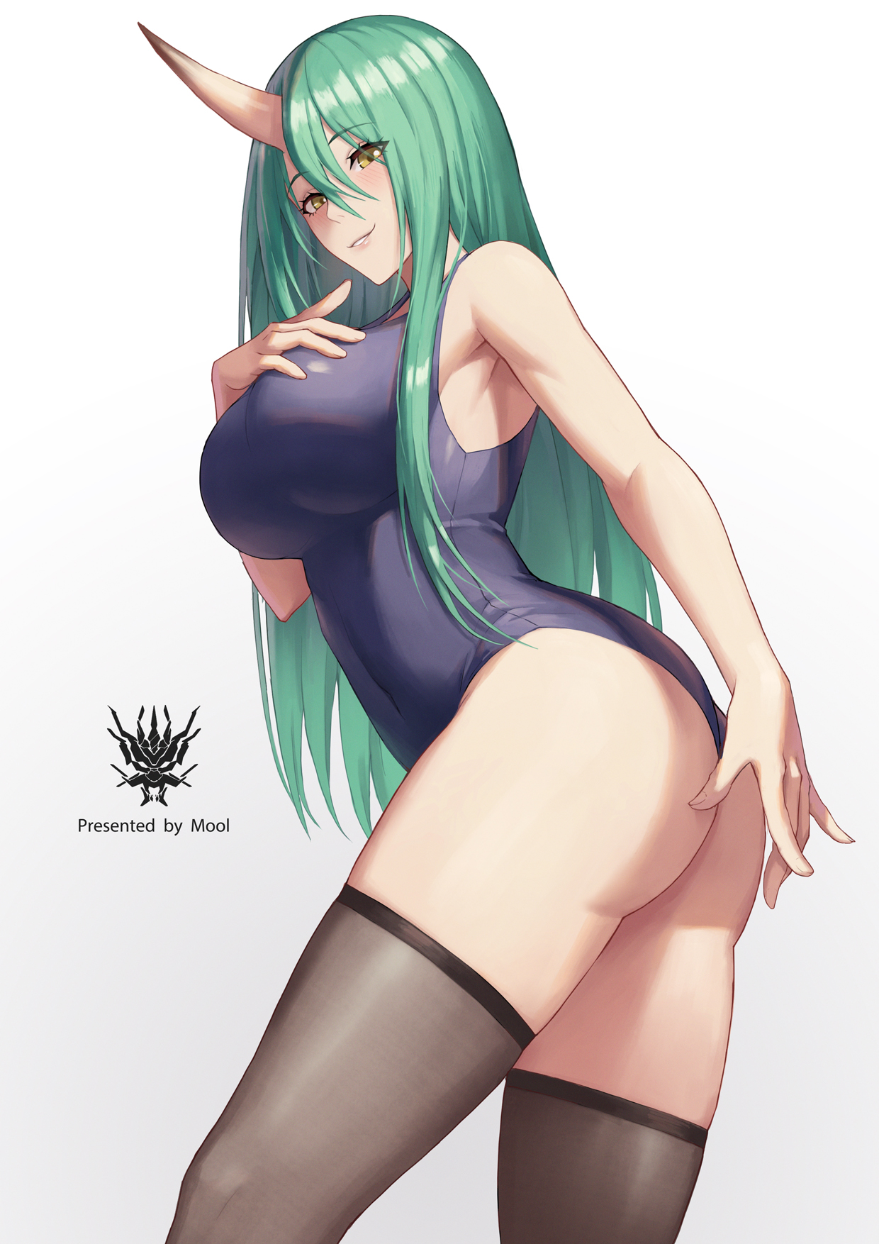 arknights, ass, big breasts, breasts, female, green hair, horn, hoshiguma (arknights), large breasts, long hair, mool yueguang, oni, swimsuit, thighs, yellow eyes
