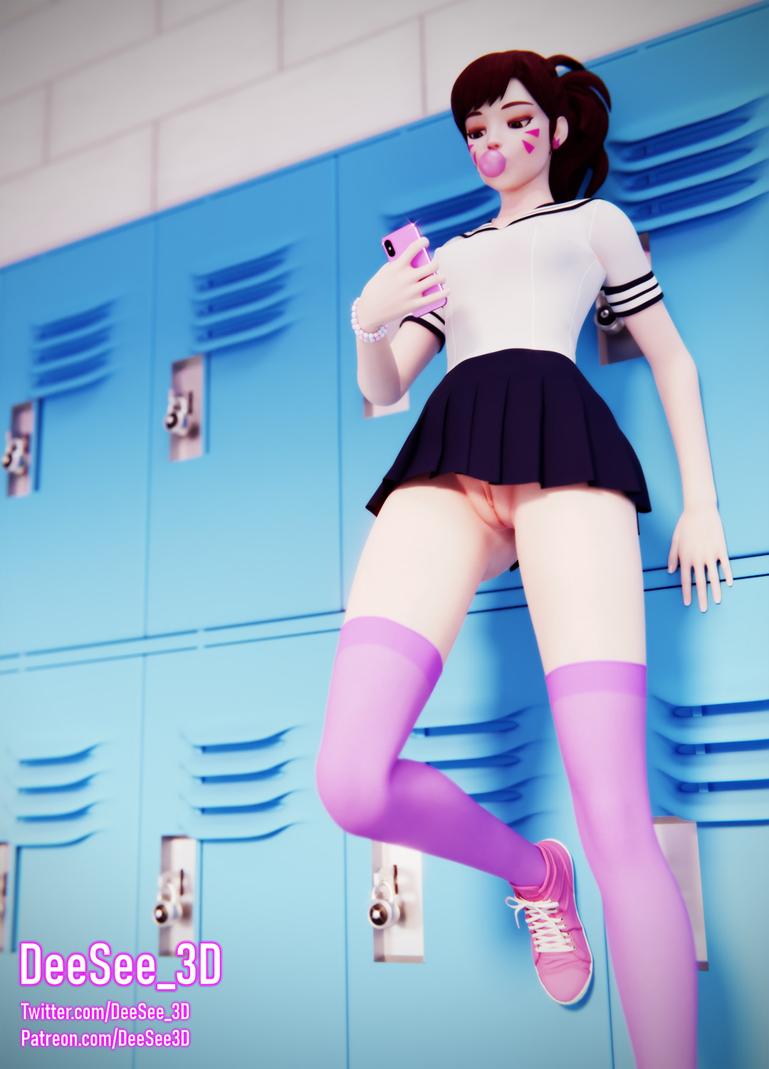 1girls, 3d, alternate costume, asian, bare midriff, blender, blizzard entertainment, breasts, brown eyes, brown hair, bubble gum, cellphone, cute, d.va, deesee3d, egirl, eyelashes, eyeliner, facial mark, facial markings, female, fringe, hallway, light skin, locker, lockers, long hair, no panties, overwatch, pale skin, pink shoes, pink thighhighs, pinup, ponytail, pussy, sailor uniform, school, school uniform, schoolgirl, serafuku, shoes, skinny, skirt, slim, teenager, texting, thighhighs, tied hair, upskirt, video games