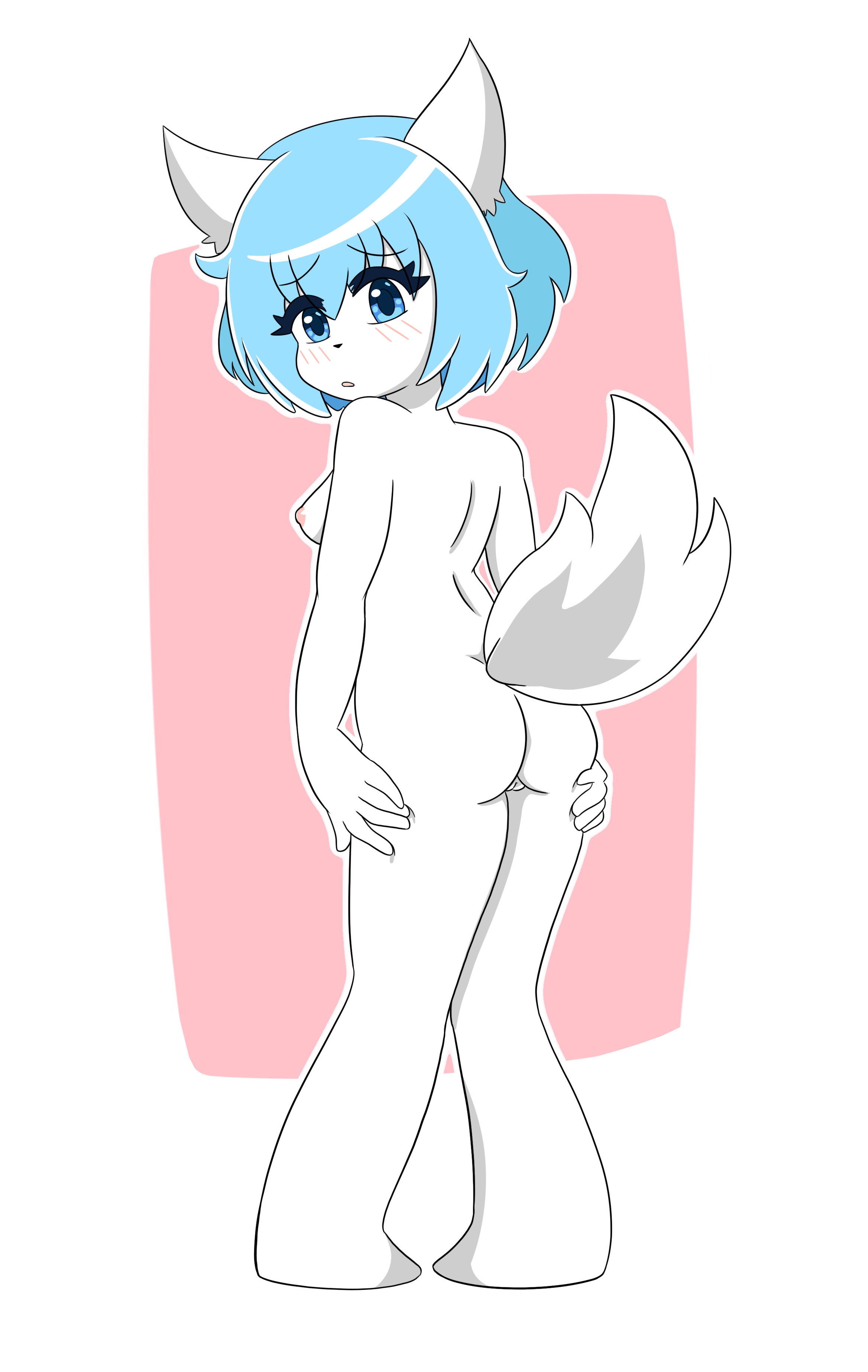 1girls, animal ears, anthro, ass, blue eyes, blue hair, breasts, female, hands on ass, looking at viewer, looking back, nipples, pussy, smile, solo, solo female, tagme, tail, thrumbo, virtual youtuber, white fur, wolfychu, youtube, youtuber