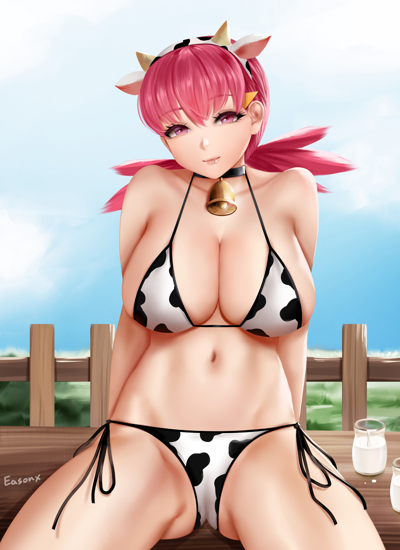 1girls big_breasts bikini breasts cow_bikini cow_ears cow_horns cow_print cowbell easonx eye_contact female gym_leader looking_at_viewer medium_hair milk milk_bottle nintendo pale-skinned_female pale_skin pink_eyes pink_hair pokemon pokemon_gsc thick_thighs thighs twintails whitney_(pokemon)