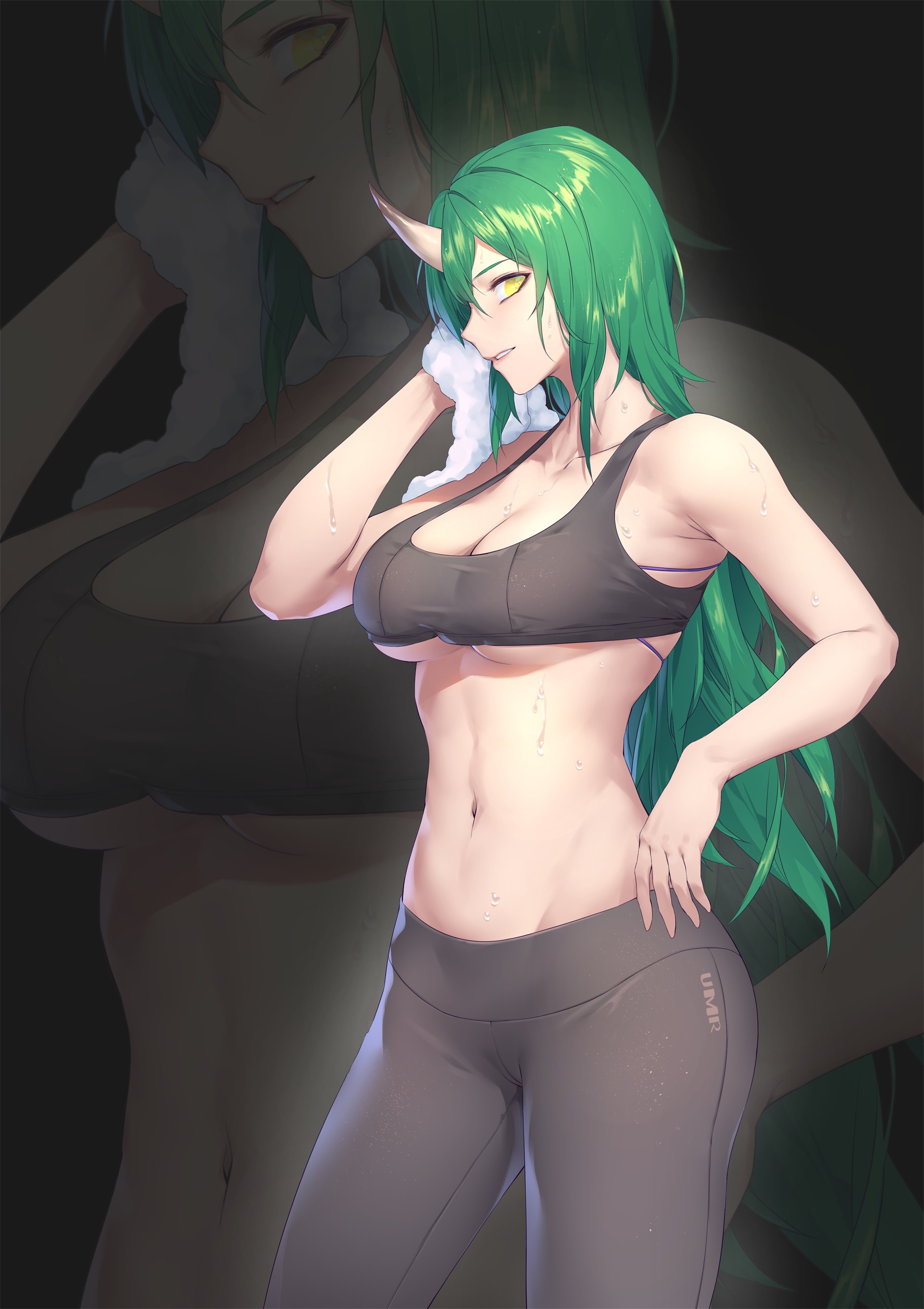 1girls, 2020, arknights, bare midriff, bra, breasts, cleavage, female, green hair, horn, hoshiguma (arknights), large breasts, long hair, looking at viewer, navel, oni, side view, sports bra, sportswear, sweat, towel, underboob, white skin, yellow eyes, yoga pants, yumero