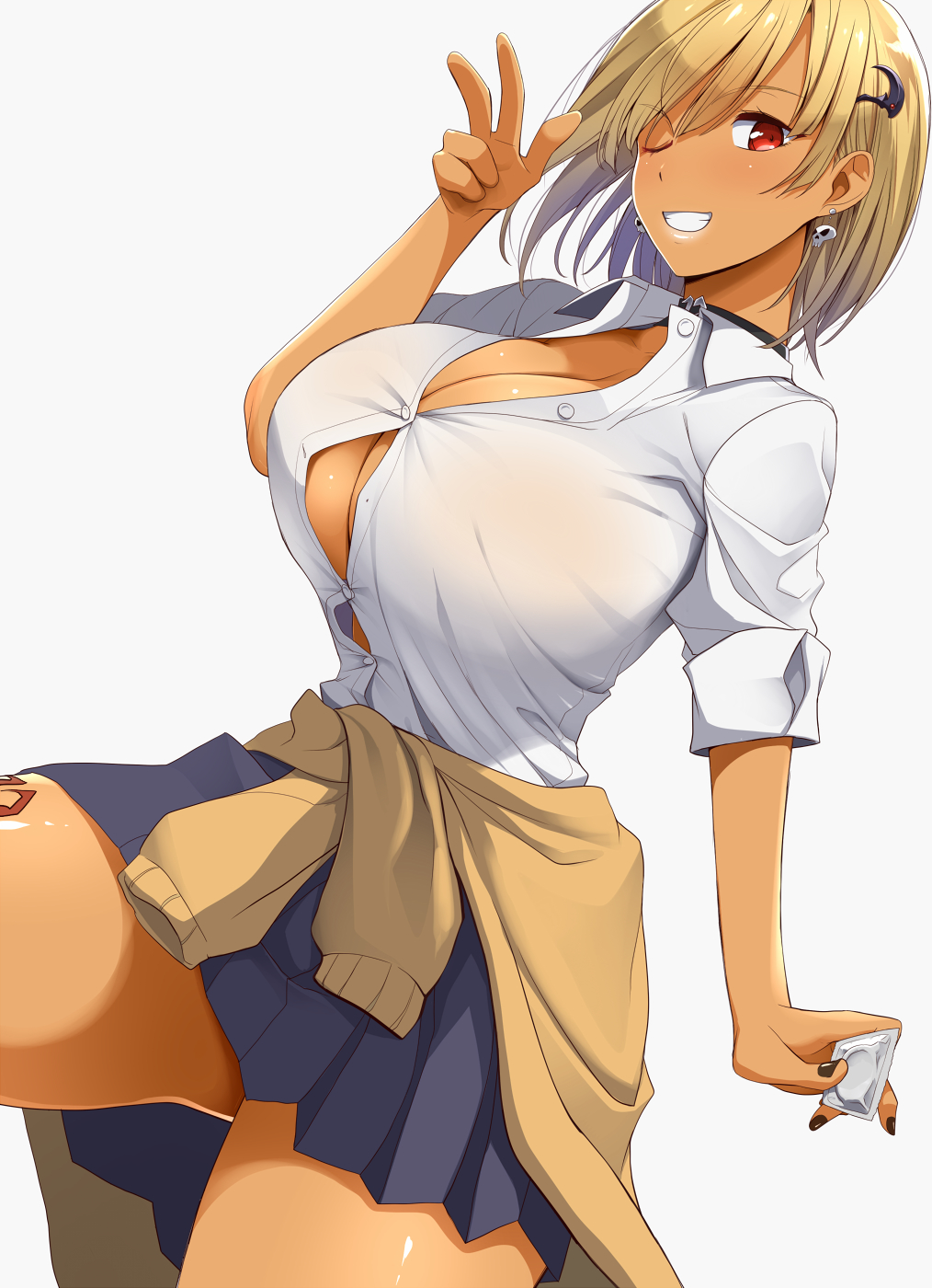 1girls bare_legs big_breasts black_nails blonde_hair blue_skirt breasts bursting_breasts button_gap choker cleavage clothes_around_waist condom condom_wrapper dark-skinned_female dark_skin dutch_angle earrings erect_nipples female_only fringe grin gyaru highres huge_breasts jewelry kloah kuro_gyaru leg_tattoo looking_at_viewer miniskirt nail_polish one_eye_closed original original_character pleated_skirt purple_eyes red_eyes school_uniform schoolgirl scythe shinokami_xatiii_(kloah) shirt short_hair simple_background skindentation skirt skull_earrings smile solo straining_buttons sweater sweater_around_waist tattoo thick_thighs two_tone_hair unbuttoned unbuttoned_shirt v white_background white_shirt