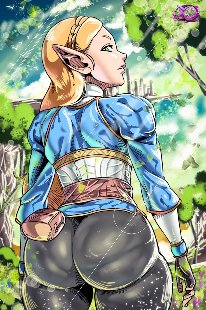 ass, blonde hair, breath of the wild, clothed female, clothing skin, curvy, d-art, favorite, female, female focus, female only, from behind, green eyes, huge ass, long hair, looking back, nintendo, outdoors, pants, princess zelda, solo, solo female, solo focus, teenager, the legend of zelda, thick thighs, tight clothes, video game character, video game franchise, zelda (breath of the wild)