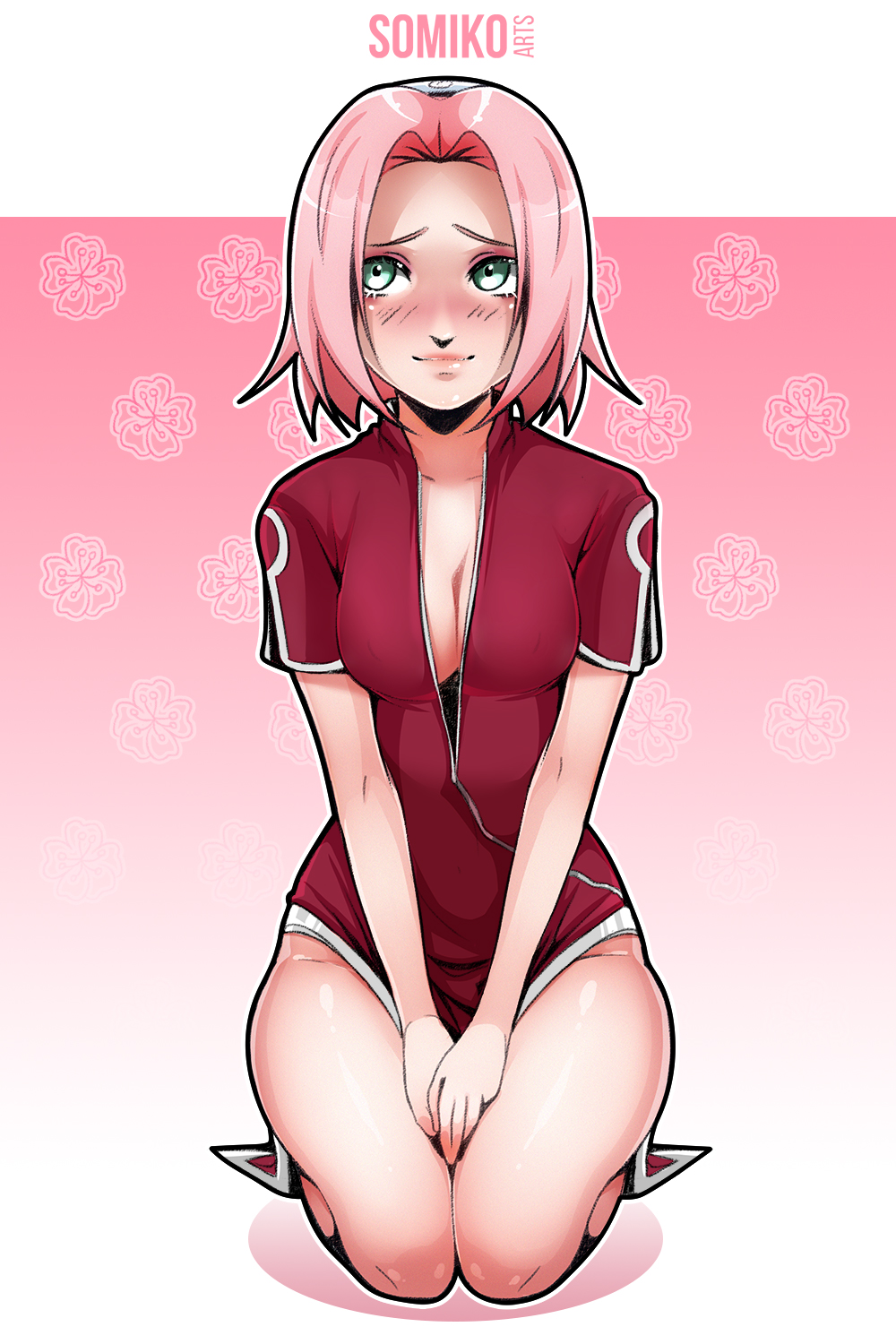 1girls, artist name, blush, bottomless, breasts, cleavage, clothing, covering, covering crotch, dress, female, female only, forehead protector, green eyes, hairband, kneeling, looking away, naruto, naruto (classic), naruto (series), pink hair, sakura haruno, short hair, smile, solo, somikoarts, thighs, unzipped, young