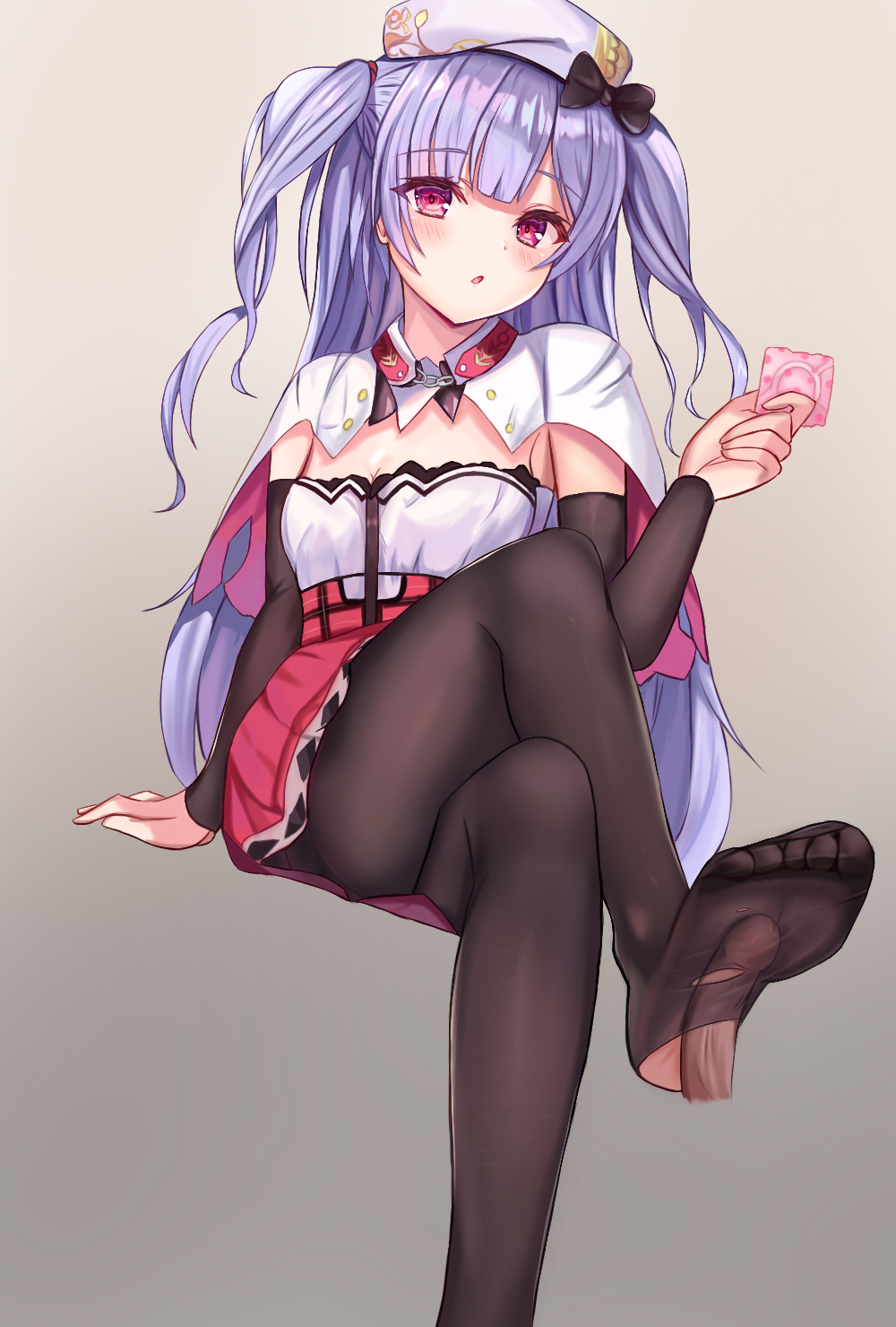 1girls ajax_(azur_lane) azur_lane beret black_legwear blush condom crossed_legs feet female flavored_condom footjob hat highres light-skinned_female light_skin long_hair looking_at_viewer no_shoes open_mouth penis penis_under_clothes purple_eyes red_skirt royal_navy_(azur_lane) simple_background sitting skirt soles solo_focus suangyue_qiuhua torn_clothes torn_legwear unopened_condom_wrapper