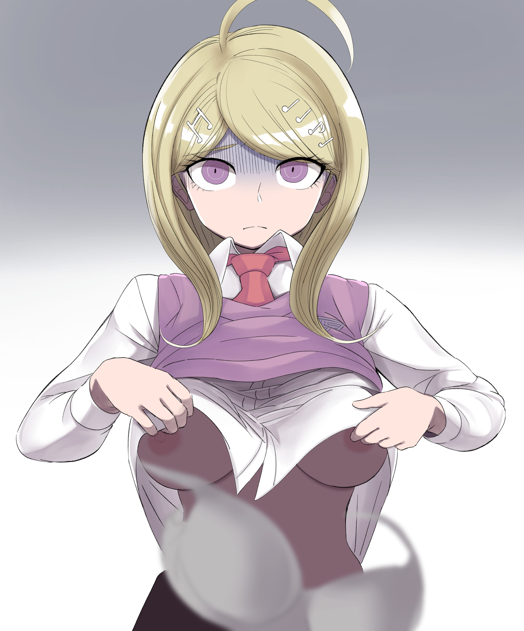 akamatsu kaede, blonde hair, bra, breasts, clothing, danganronpa, danganronpa v3, female, hairclip, medium breasts, medium hair, new danganronpa v3, purple eyes, removing shirt, sad, scared, shadow, simple background, straight hair, stripping, undressing