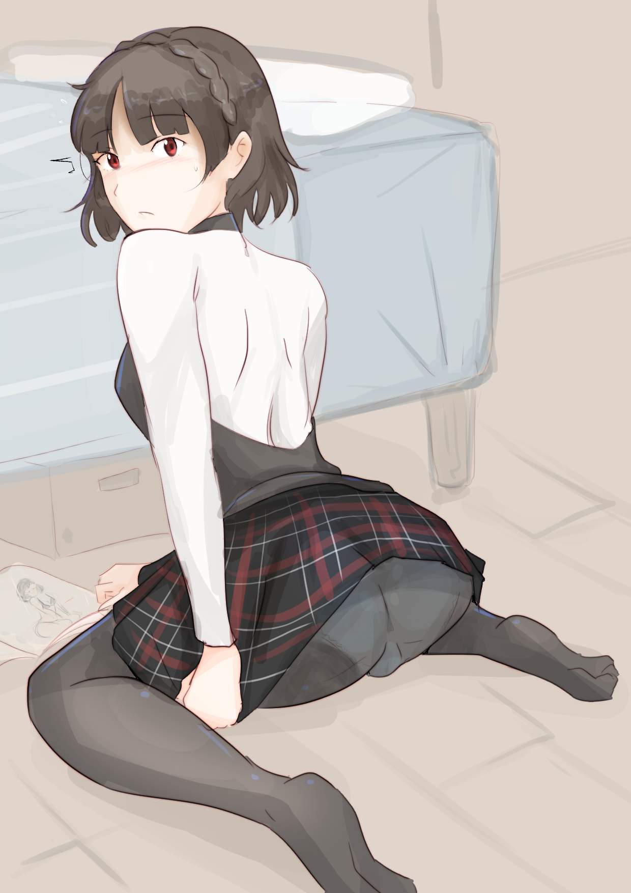 1girls, 9 9bird, ass, atlus, blush, brown hair, female, kneeling, looking back, makoto niijima, panties visible through clothing, persona, persona 5, red eyes, short hair, solo