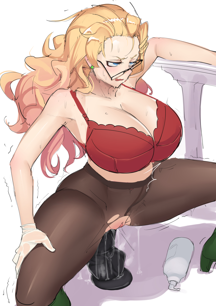 1girls ahe_gao big_breasts big_dildo blonde_hair blue_eyes bottle bra dildo experiment experimentation female glasses horsecock_dildo huge_breasts huge_dildo human lube lube_bottle masturbation moaning motion_lines naughty naughty_face nervous nintendo oleana_(pokemon) pantyhose pleasure_face pleasured pokemon pokemon_ss pussy_juice red_bra rough_sex seductive sex_toy solo solo_female stomach_bulge stormcow thick_thighs torn_clothes vaginal_insertion vaginal_masturbation vaginal_object_insertion wet wet_clothes wet_pussy white_background