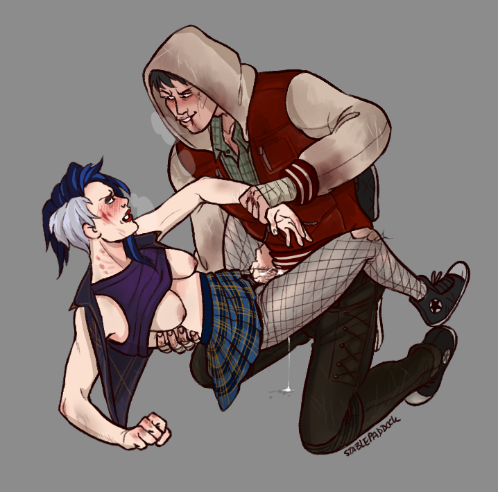 1boy 1girls bite_marks blue_hair breasts clothed converse cum dead_by_daylight female frank_morrison male nea_karlsson position pussy_juice ripped_clothing rough_sex skirt skirt_lift stablepaddock stockings the_legion two_tone_hair