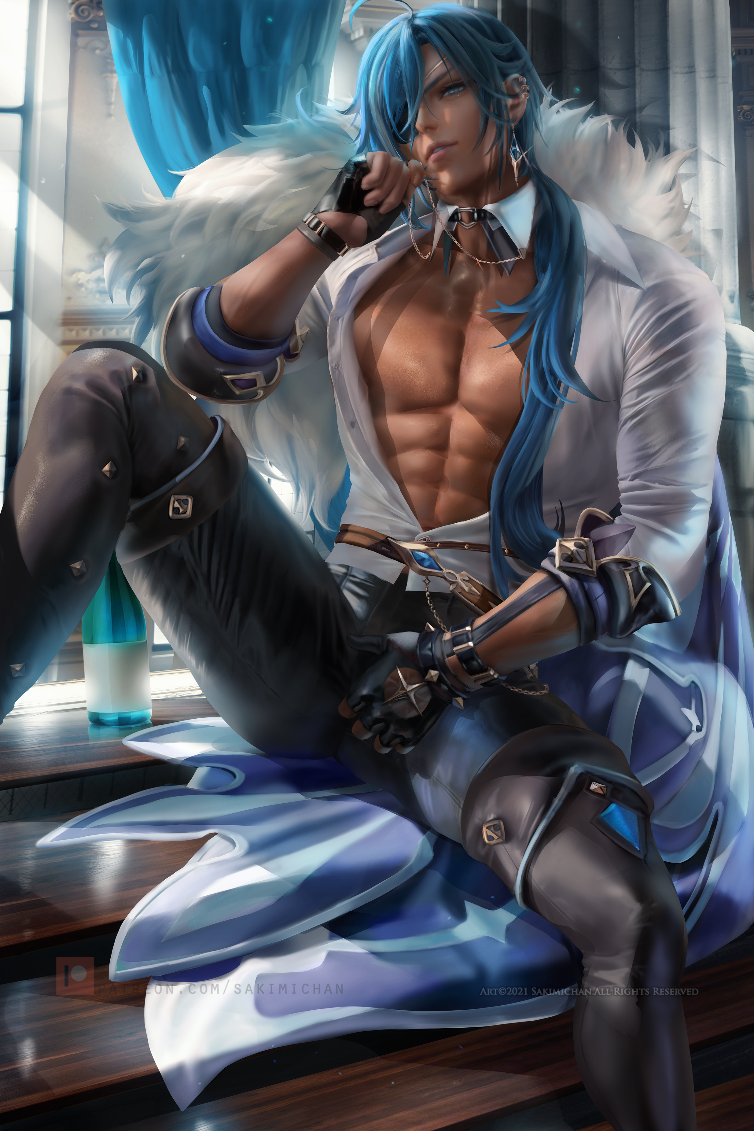 blue eyes, blue hair, earrings, genshin impact, kaeya (genshin impact), long hair, male, male only, sakimichan