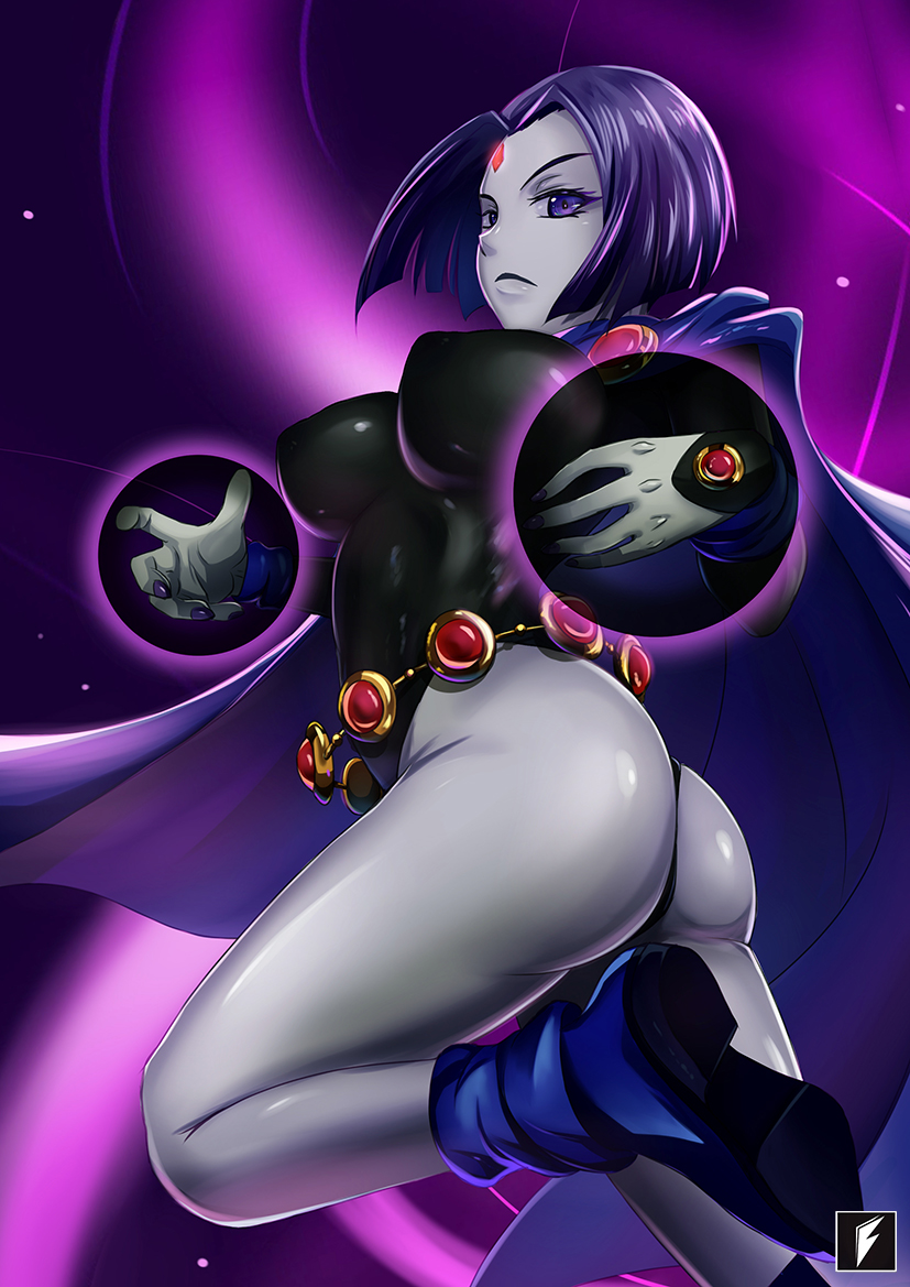 big_breasts breasts dc dc_comics female female_focus female_only fuji_fujiko half_demon nipples pale-skinned_female purple_eyes purple_hair rachel_roth raven_(dc) short_hair solo solo_female solo_focus straight_hair superheroine teen_titans