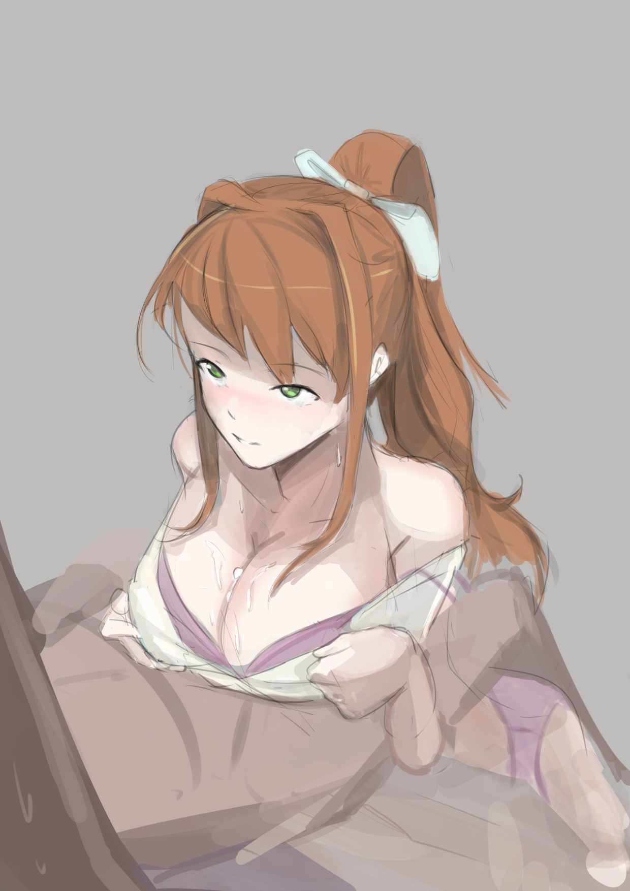 1boy, 1girls, 9 9bird, big breasts, blush, bra, breasts, cleavage, clothed, clothed female, clothed female nude male, clothing, cum, cum between breasts, cum on body, cum on breasts, cum on chest, cum on upper body, doki doki literature club, female, female focus, green eyes, large breasts, long hair, male, matching underwear, monika (doki doki literature club), outercourse, paizuri, paizuri under clothes, panties, penis, photo, ponytail, purple bra, purple panties, shirt, simple background, straight, underwear, white shirt