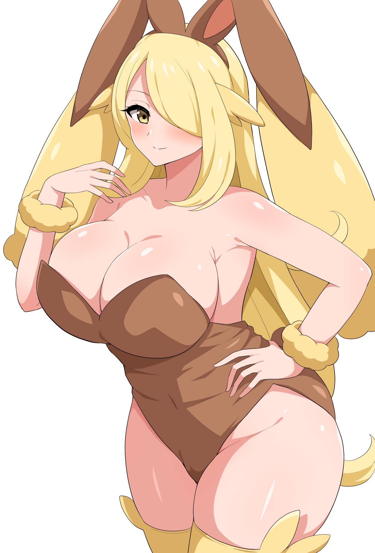 1girls, aikome (haikome), big breasts, blonde hair, blush, breasts, bunny ears, bunnysuit, cosplay, cynthia (pokemon), eye contact, female, fully clothed, haikome, huge breasts, large breasts, light skin, light-skinned female, long hair, looking at viewer, lopunny (cosplay), nintendo, pale skin, pale-skinned female, pokemon, pokemon (cosplay), pokemon dppt, smile, thick thighs, thighs, voluptuous, white background, wide hips, yellow eyes