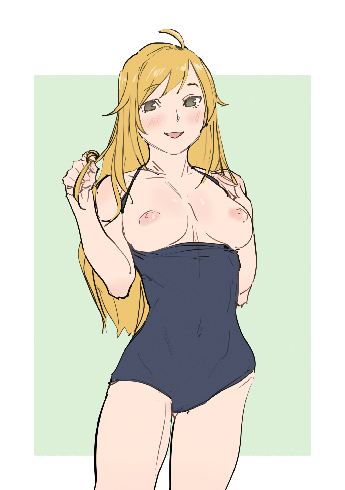 1girls, amanda kenny, blonde hair, breasts, breasts out, female, hoshii miki, idolmaster, medium breasts, nipples, one-piece swimsuit, pose, presenting breasts, sketch, smile, solo, standing, swimsuit, the idolm@ster