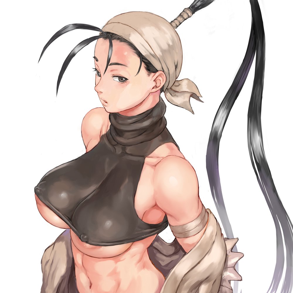 1girls, antenna hair, areola slip, armband, asian, asian bimbo, asian female, bandage, bandana, black eyes, black hair, breasts, clothing down, collarbone, erect nipples under clothes, female, female focus, female only, halterneck, ibuki (street fighter), long hair, looking at viewer, mikanman, ninja, nipple bulge, paag, ponytail, solo, solo female, street fighter, tank top, toned, toned female, underboob, white background