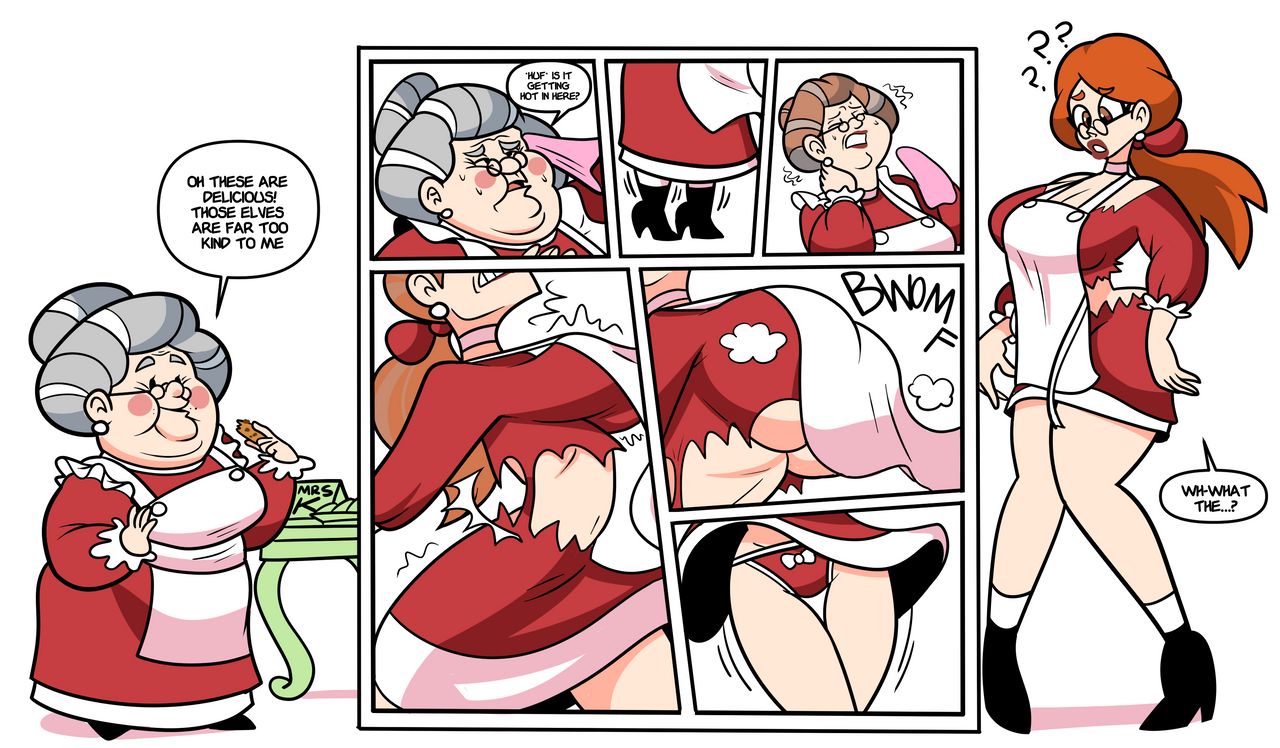 1girls, age difference, age regression, bimbo, bimbofication, breast expansion, breast growth, breast growth (enlargement), breasts, christmas, comic, female, female only, glasses, growing, growth, growth sequence, hourglass figure, mrs. claus, sequence, solo, solo female, superspoe, torn clothes, transformation, transformation sequence, wardrobe malfunction