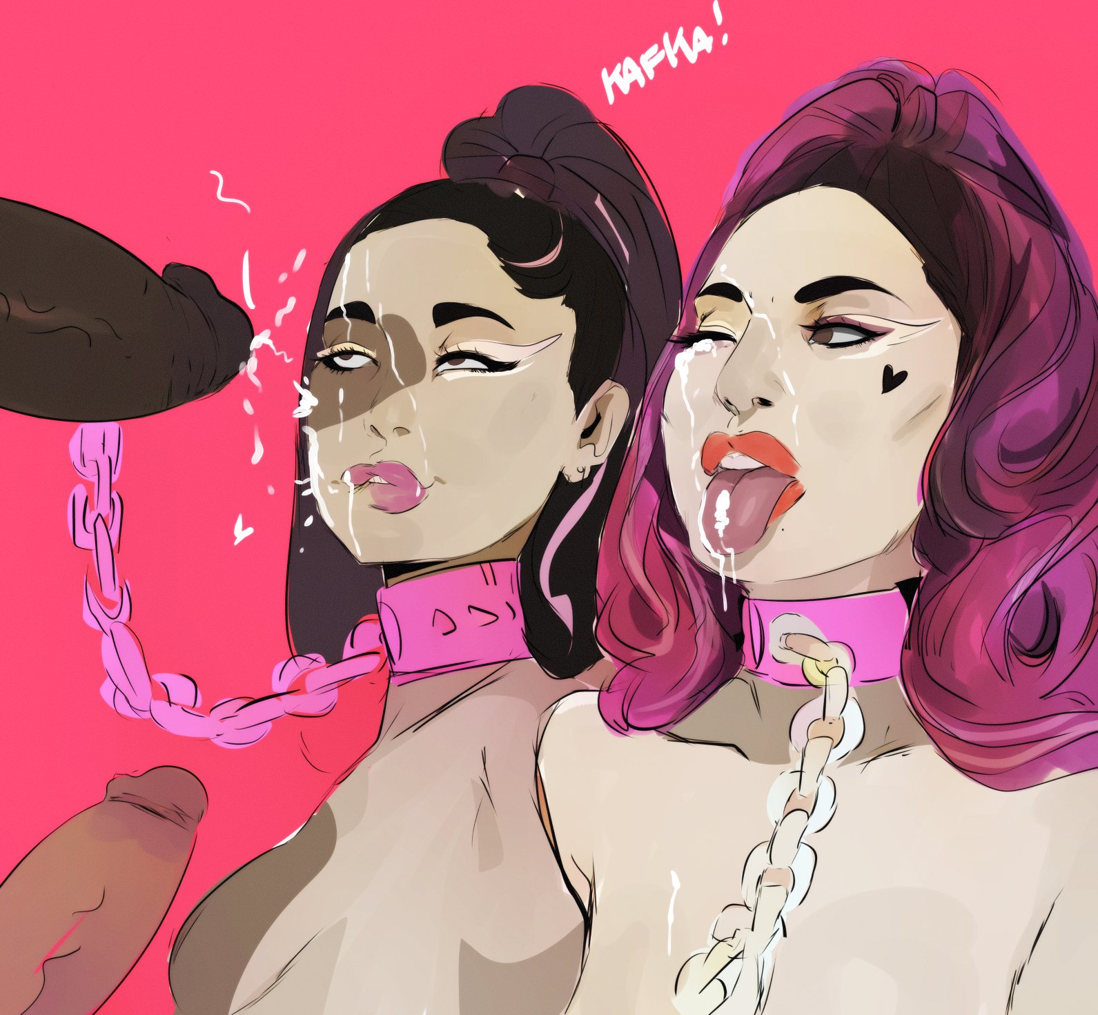 2boys, 2girls, after oral, ariana grande, big lips, big penis, biting lip, celebrity, chain leash, chains, collar, cum, cum on face, cumshot, dark skin, dark-skinned male, female, heavy makeup, interracial, kafka art, lady gaga, latina, male, oral, partial male, penis, ponytail, thick lips, tongue, tongue out