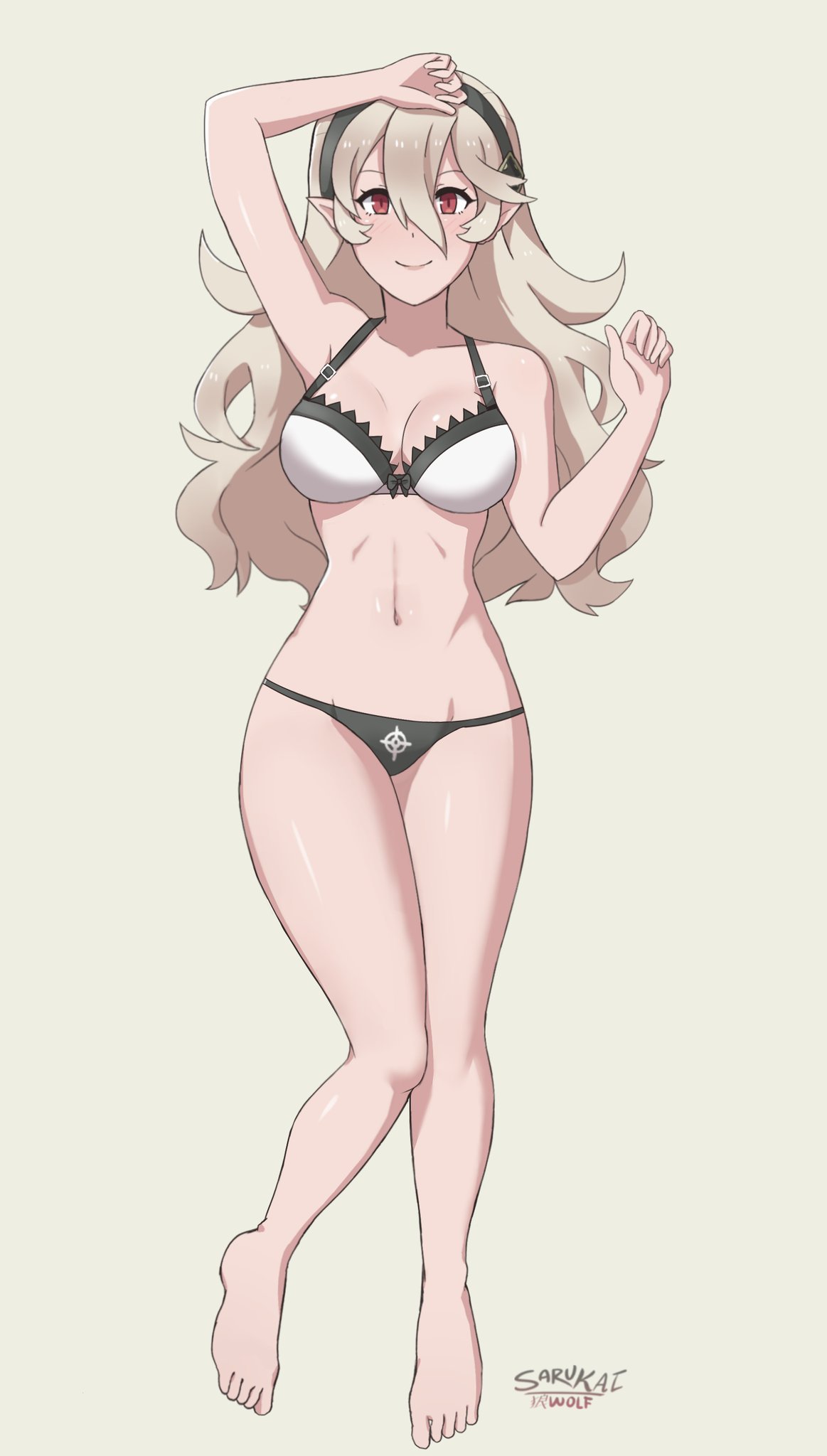 1girls, barefoot, blonde hair, blush, bra, breasts, breasts apart, cleavage, clothing, corrin (fire emblem), corrin (fire emblem) (female), female, fire emblem, fire emblem fates, full body, hair between eyes, hair ornament, hairband, highres, long hair, manakete, medium breasts, navel, nintendo, panties, pointy chin, pointy ears, red eyes, sarukaiwolf, silver hair, smile, solo, underwear, white hair