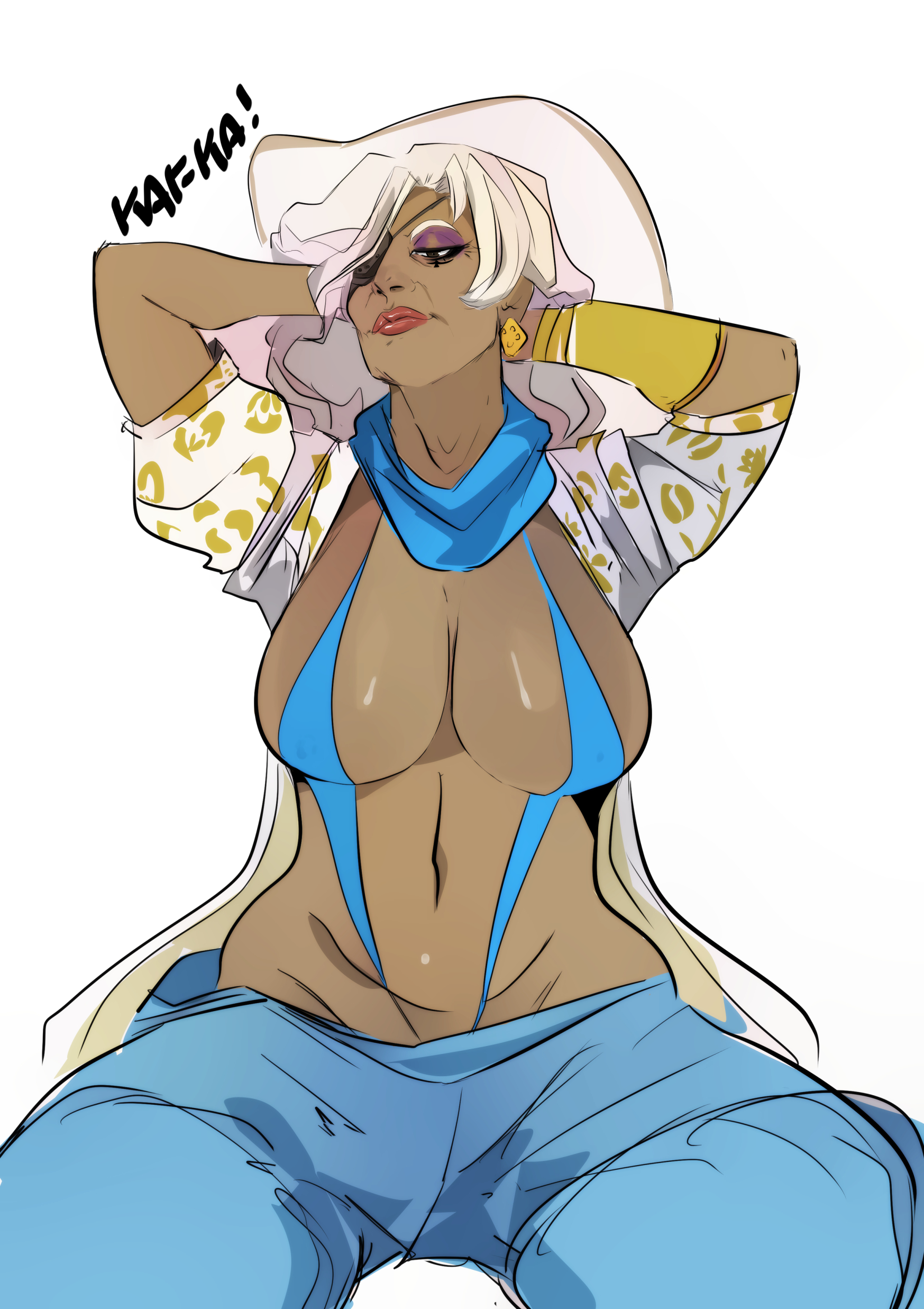 2d, alternate costume, ana amari, big breasts, blizzard entertainment, breasts, cabana ana, clothed, dark skin, dark-skinned female, egyptian, eyepatch, eyeshadow, female, fully clothed, gilf, hands behind head, kafka art, lipstick, mature, mature female, milf, nasolabial folds, navel, old ana amari, older female, overwatch, sling bikini, solo, solo female, undressing, white hair, wide hips, wrinkles