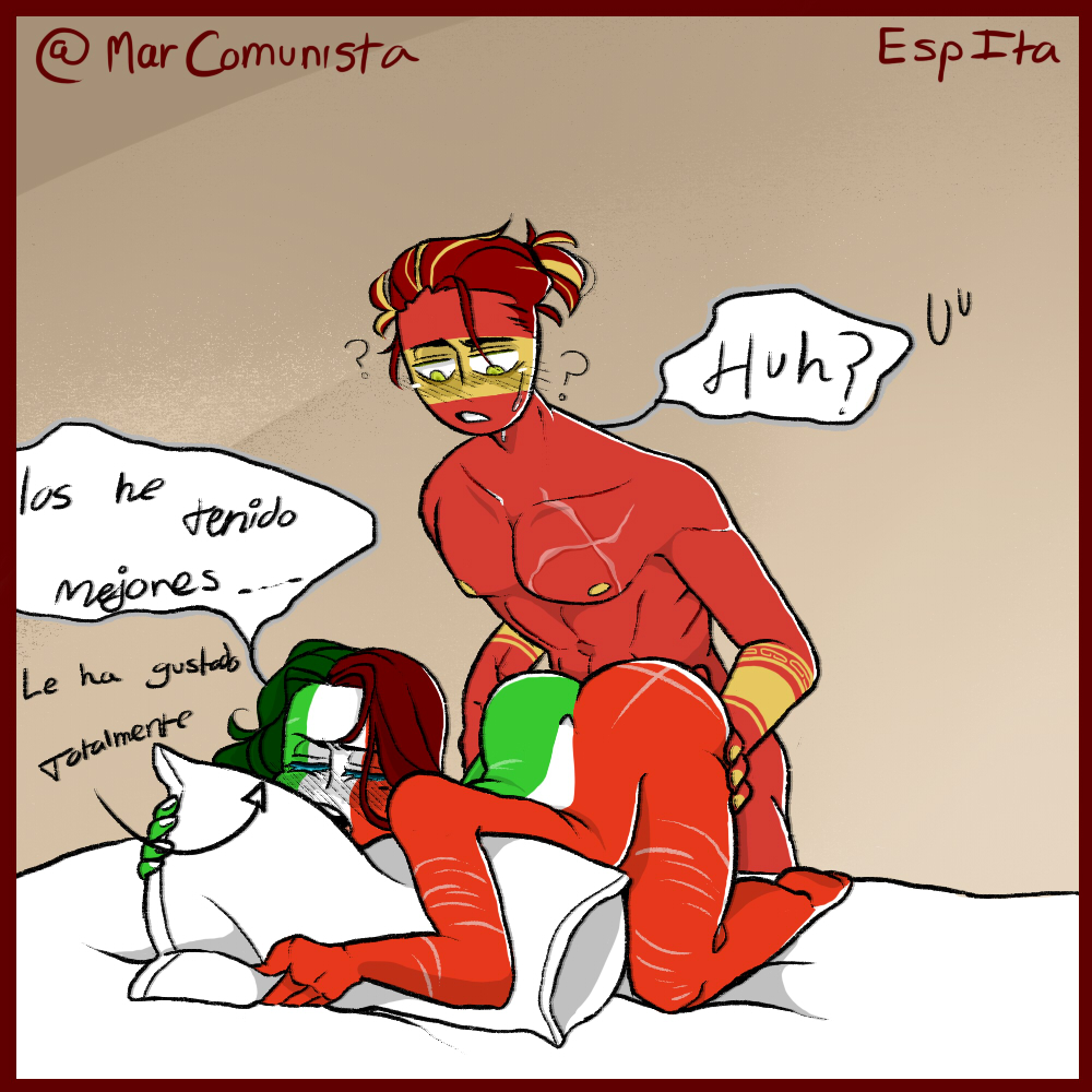 1boy 1girls anal anal_sex barefoot bent_over butt_grab closed_eyes countryhumans countryhumans_girl doggy_style feet hand_on_ass italy italy_(countryhumans) long_hair male muscular muscular_male nude open_mouth penetration scar scars sex spain spain_(countryhumans) spanish_text tears thrusting yellow_eyes