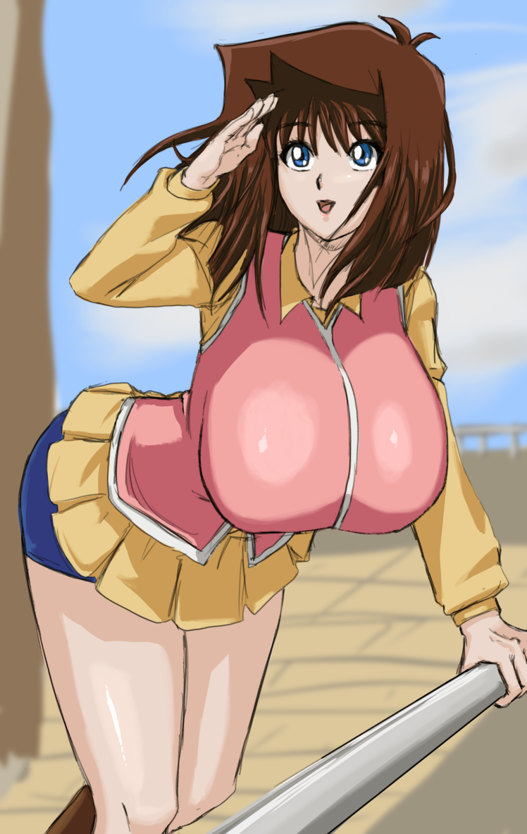 1girls anzu_mazaki big_breasts blue_eyes brown_hair female huge_breasts human mazaki_anzu open_mouth salute shounen_jump skirt solo solo_female tea_gardner yu-gi-oh! yu-gi-oh!_duel_monsters zahkey