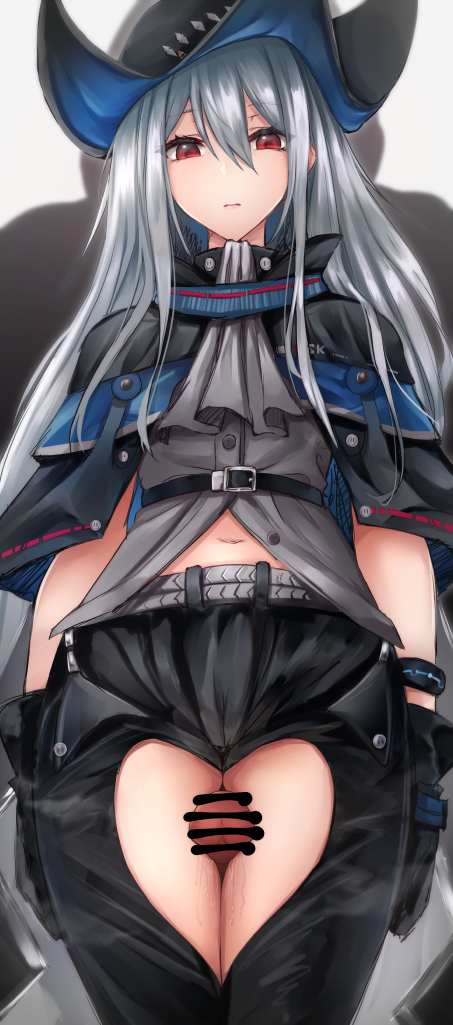 2020 akehi_yuki arknights bar_censor belt black_gloves capelet censored expressionless female gloves hair_between_eyes hat long_hair looking_at_viewer navel penis red_eyes silver_hair skadi_(arknights) thigh_cutout thigh_sex