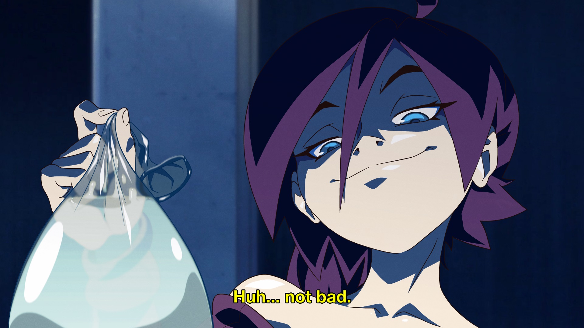 1girls, blue eyes, condom, cum, english text, female, filled condom, looking down, purple hair, semen, short hair, smirk, smug, zone-tan