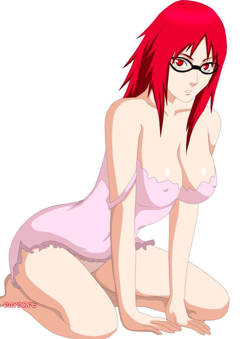 1girls, arm support, bare shoulders, barefoot, big breasts, breasts, cleavage, dress, erect nipples, erect nipples under clothes, feet, female, female only, glasses, kneeling, legs, lingerie, long hair, looking at viewer, naruto, naruto (series), naruto shippuden, nipples, pajamas, panties, pink panties, raydopesan, red eyes, red hair, simple background, solo, strap slip, thick legs, thick thighs, thighs, underwear, uzumaki karin, white background, white skin