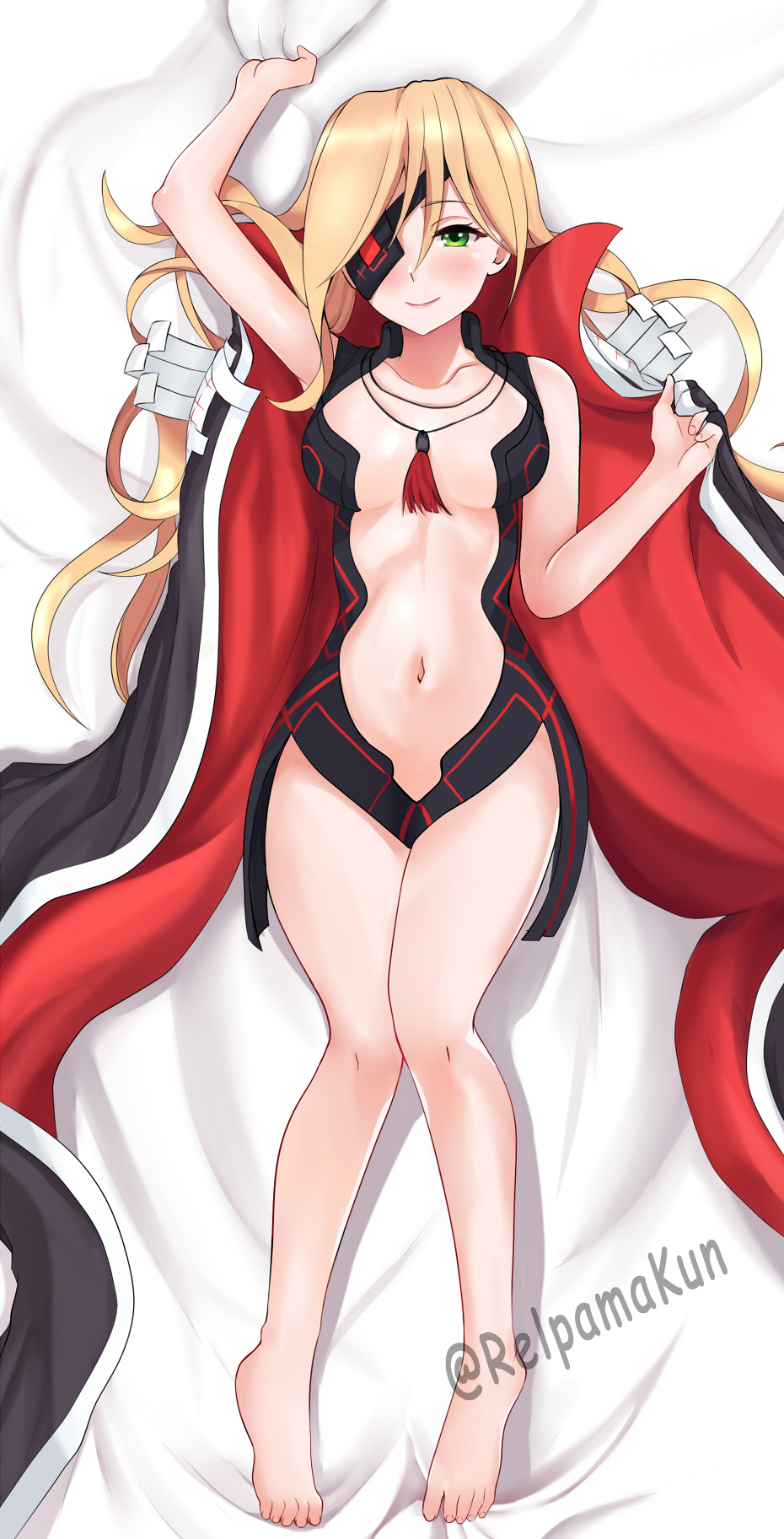 1girls 2020s 2021 bare_legs bare_shoulders barefoot bed_sheet blonde_hair blush breasts cape collarbone eyepatch female full_body grabbing_sheets green_eyes hi_res light-skinned_female light_skin long_hair looking_at_viewer lying medium_breasts midriff navel on_back one_eye_covered othinus_(to_aru_majutsu_no_index) relpama revealing_clothes smile solo to_aru_majutsu_no_index toes